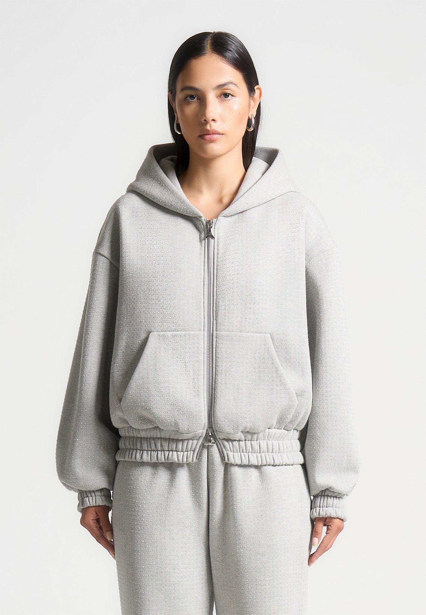Rhinestone Zip-Up Hoodie for Women | Grey Relaxed Fit with Kangaroo Pocket