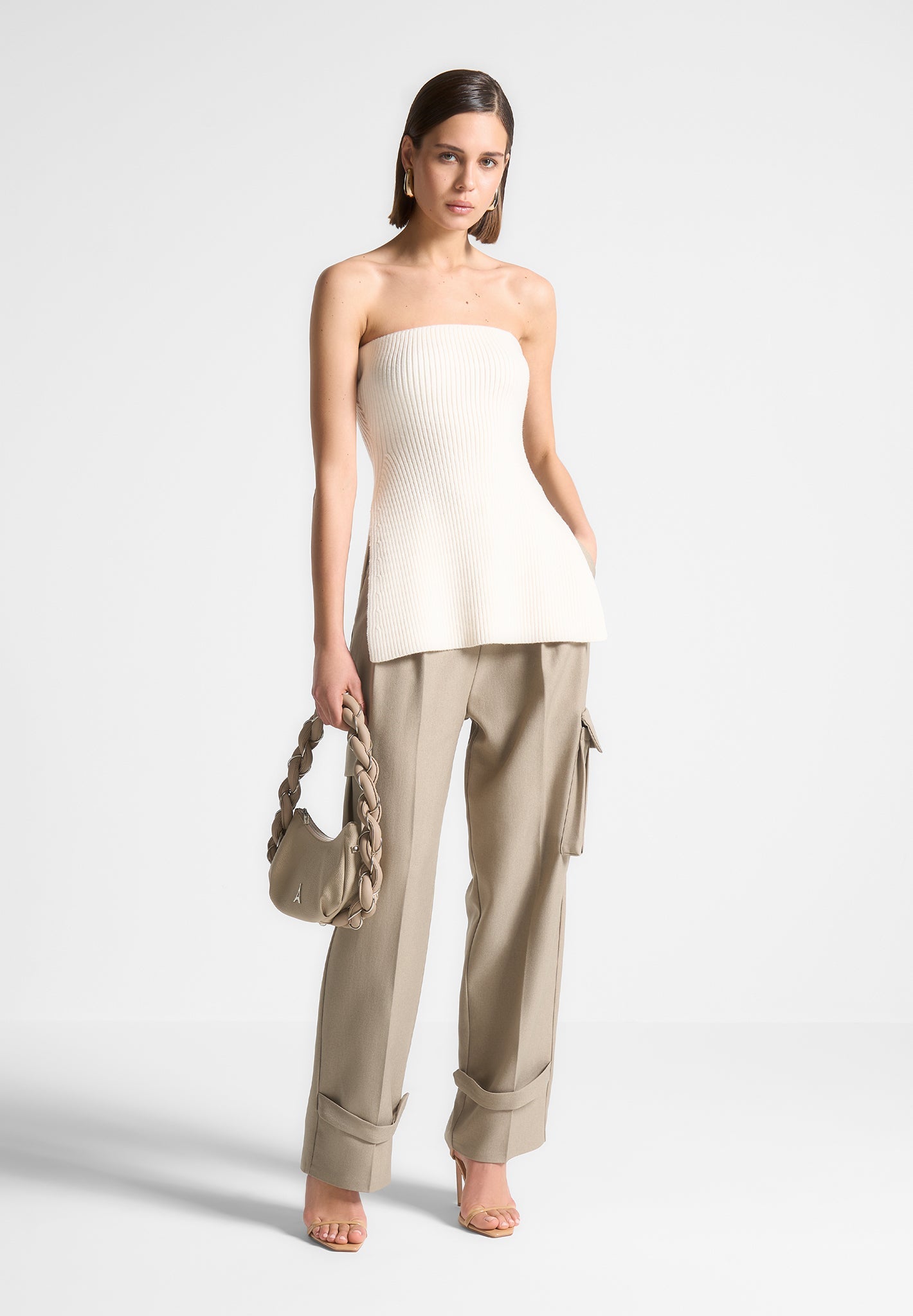 Rib Knit Longline Bandeau Top with Side Slit | Off White