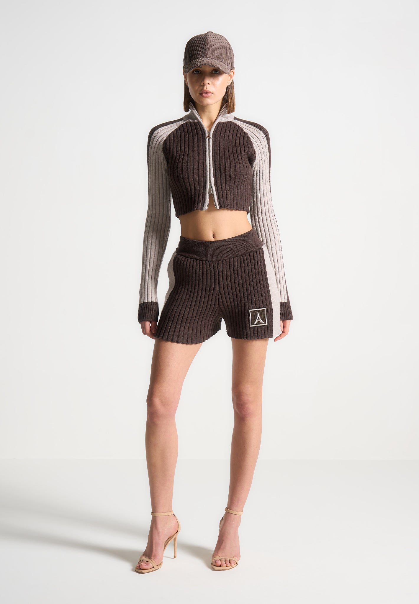 Rib Knit Track Jacket with Funnel Neck & Embroidered Patch | Manière De Voir