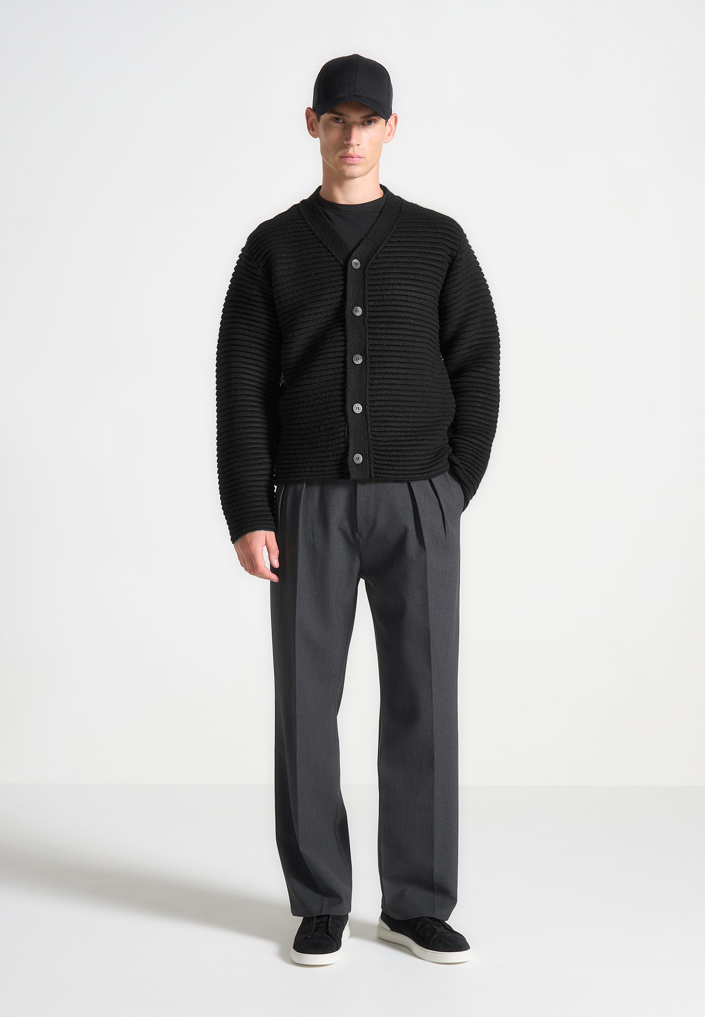 Ribbed Knit Cardigan - Black Double-Breasted & Regular Fit