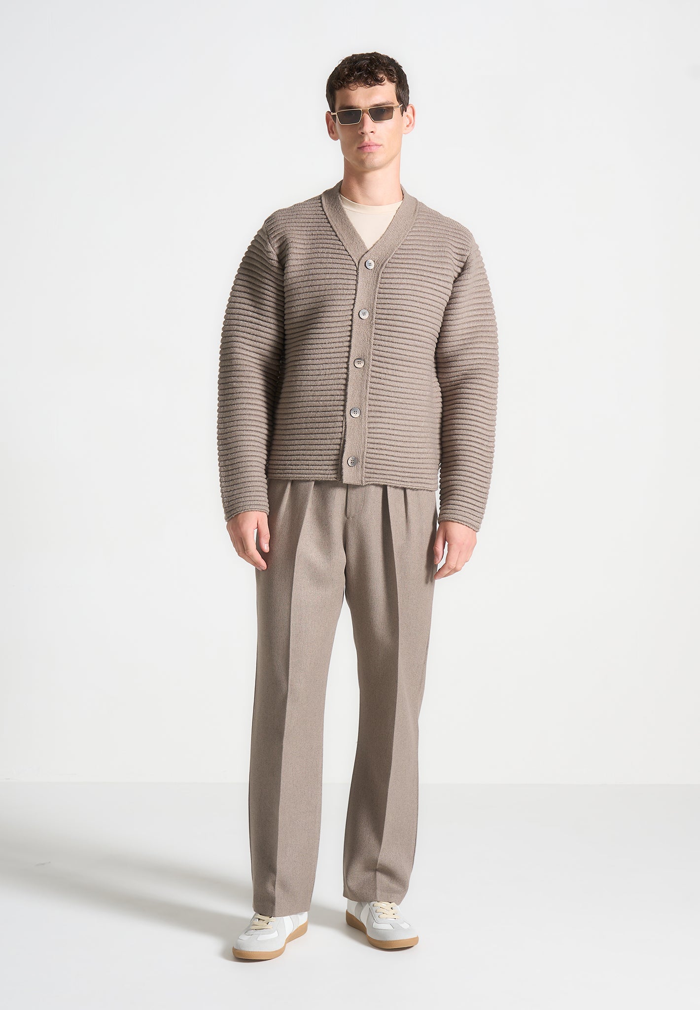 Ribbed Knit Cardigan - Double-Breasted & Regular Fit | Taupe