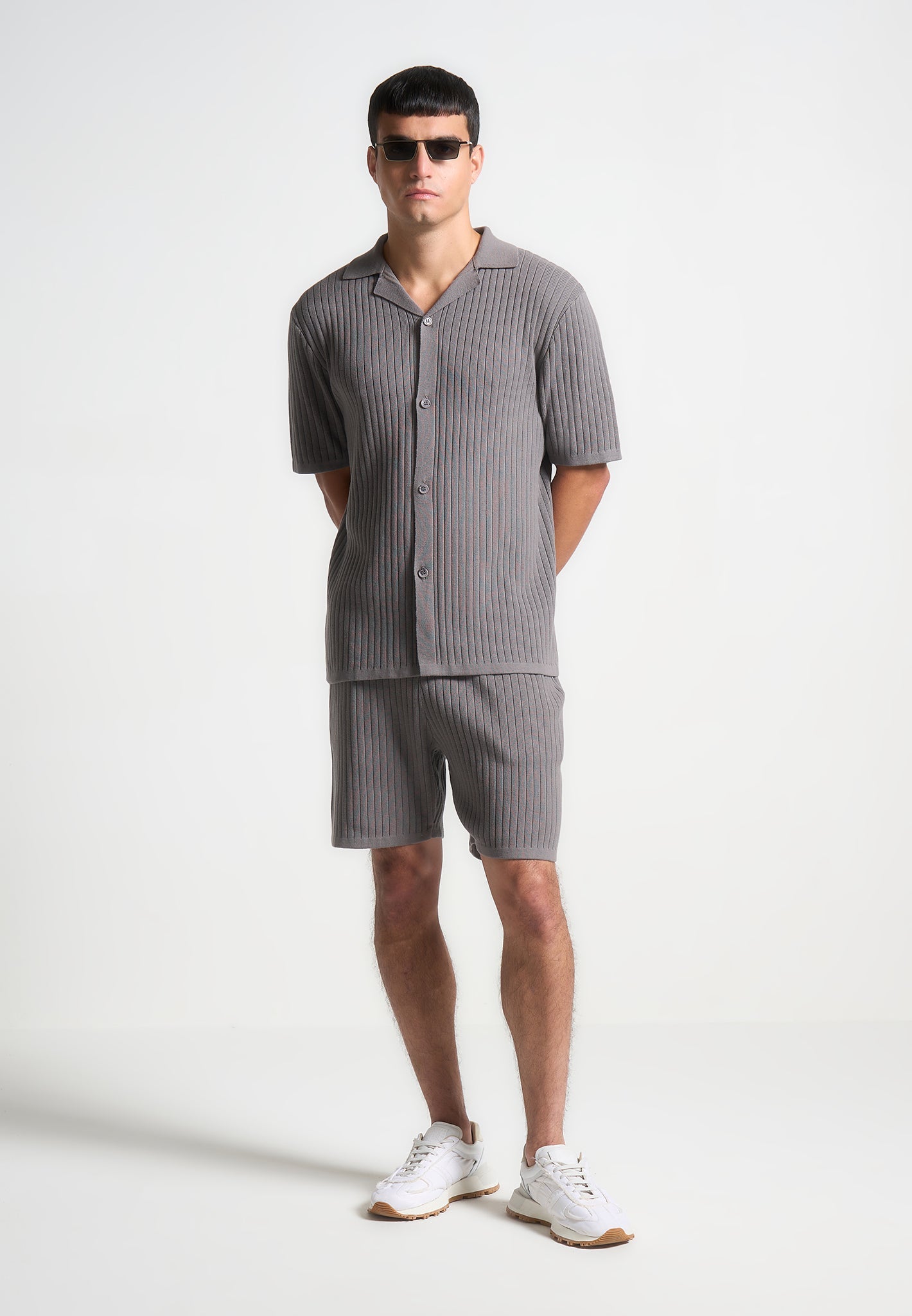 Ribbed Knit Short Sleeve Shirt | Revere Collar & Button Fastening