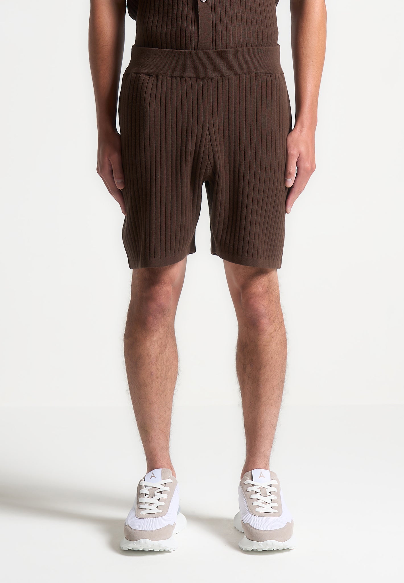 Ribbed Knit Shorts with Elastic Waistband & Pockets | Brown