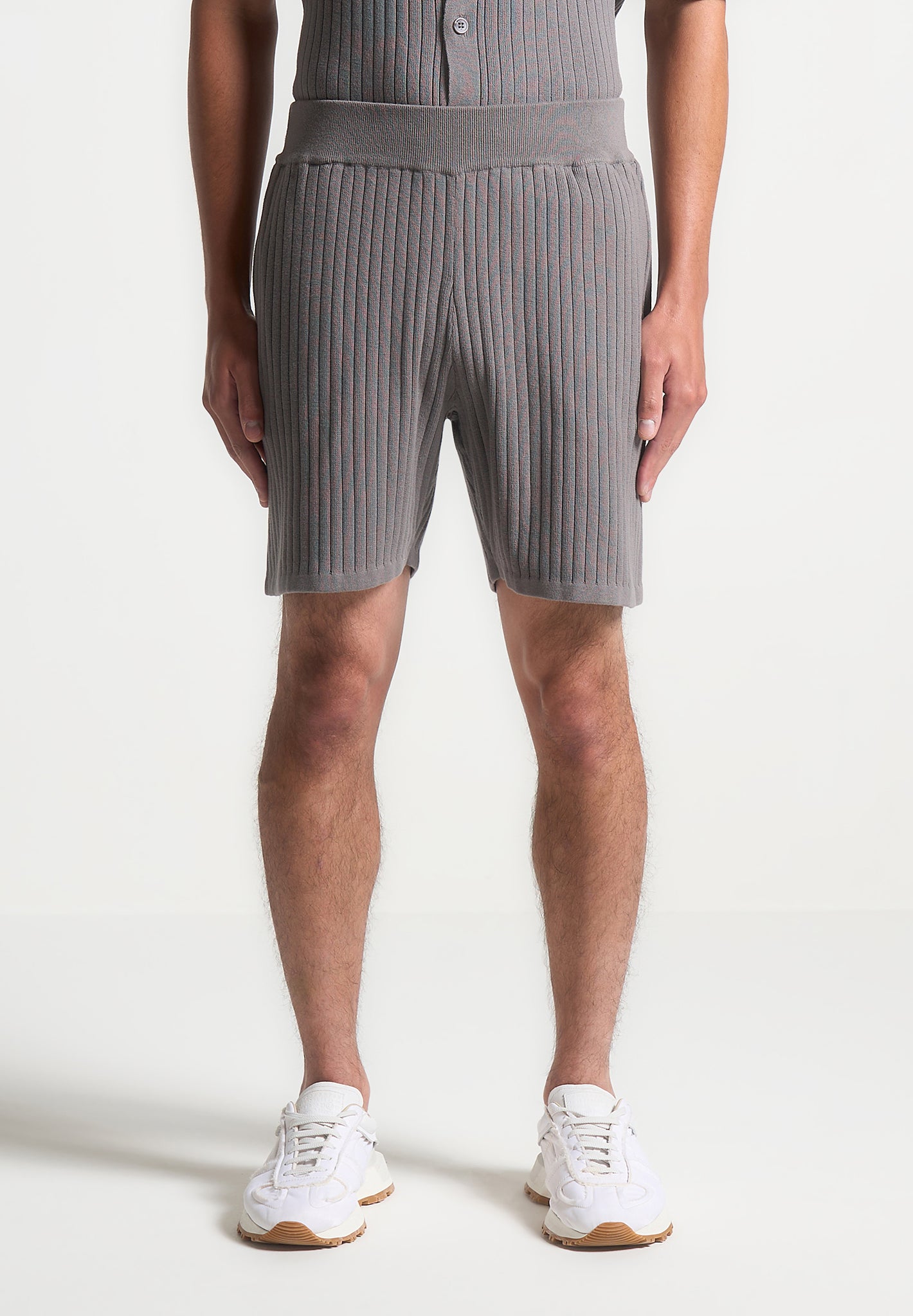 Ribbed Knit Shorts with Elastic Waistband & Pockets | Grey