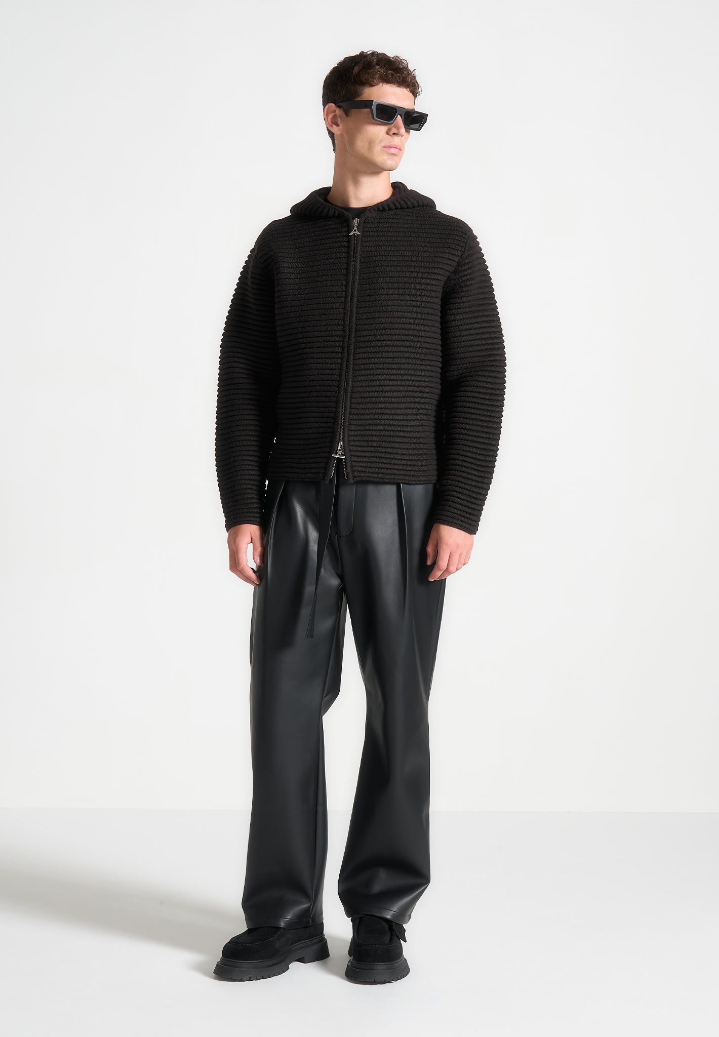 Ribbed Knit Zip Up Hoodie - Black | Regular Fit & Silver Hardware
