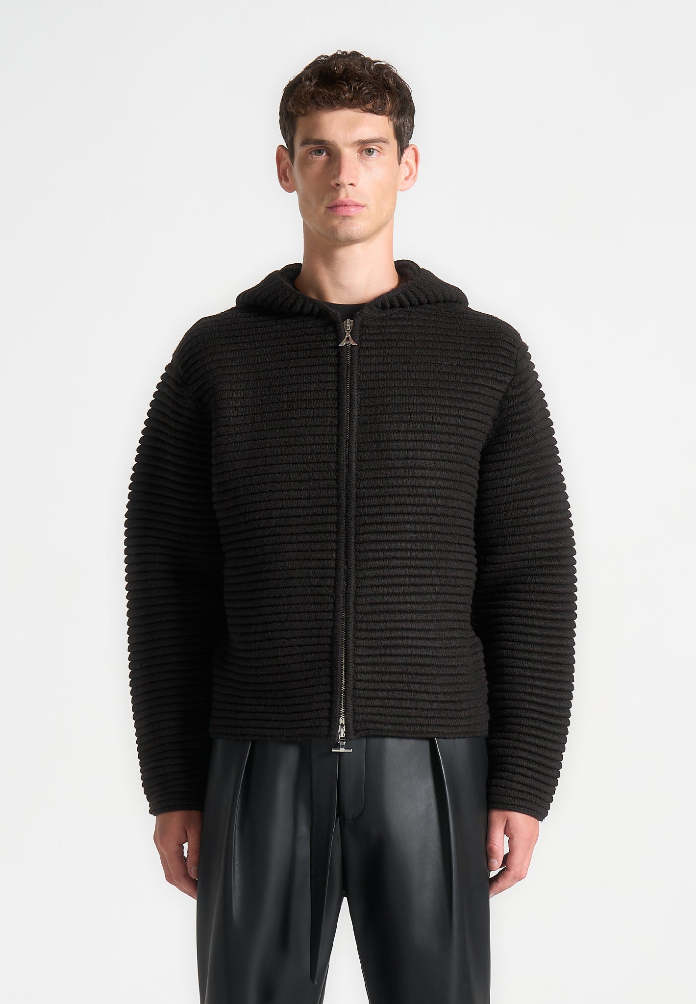 Ribbed Knit Zip Up Hoodie - Black | Regular Fit & Silver Hardware