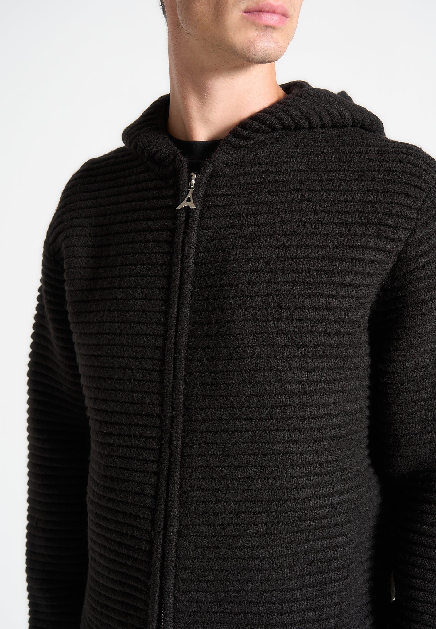 Ribbed Knit Zip Up Hoodie - Black | Regular Fit & Silver Hardware