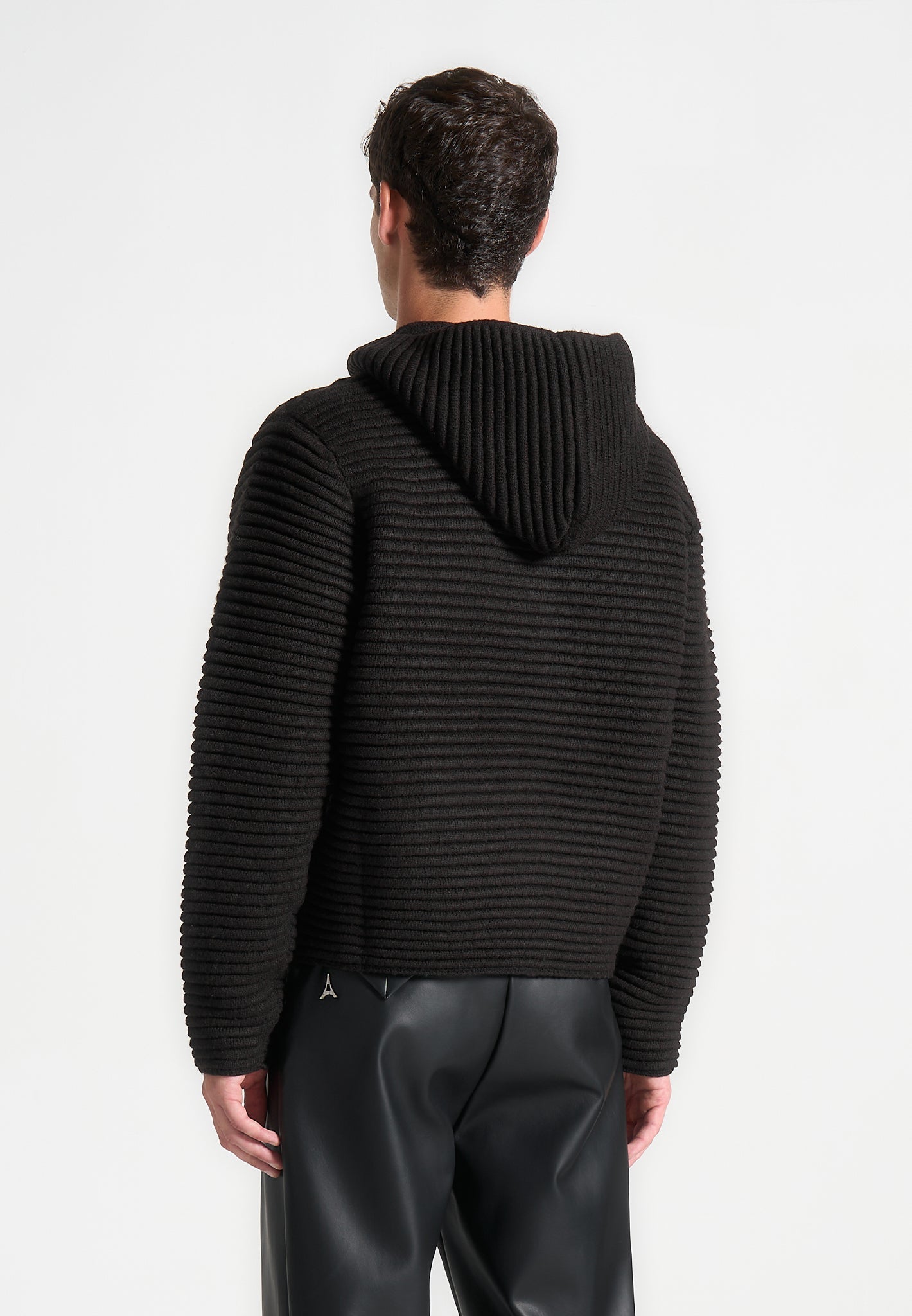 Ribbed Knit Zip Up Hoodie - Black | Regular Fit & Silver Hardware