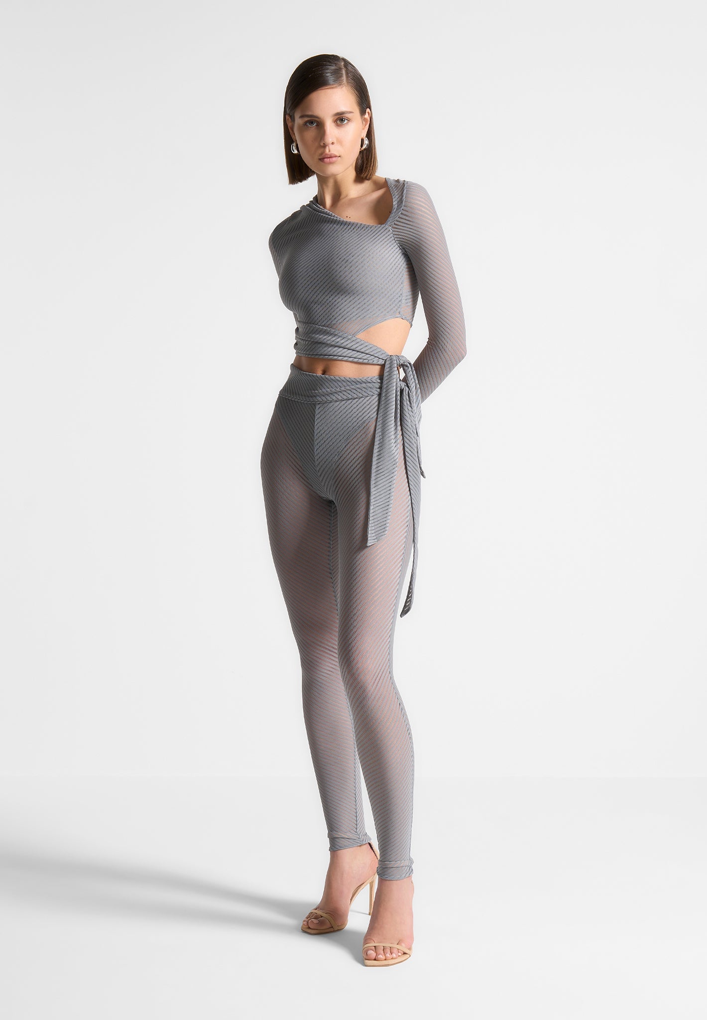 Ribbed Sheer Leggings with Tie Detail & Figure-Hugging Fit | Grey