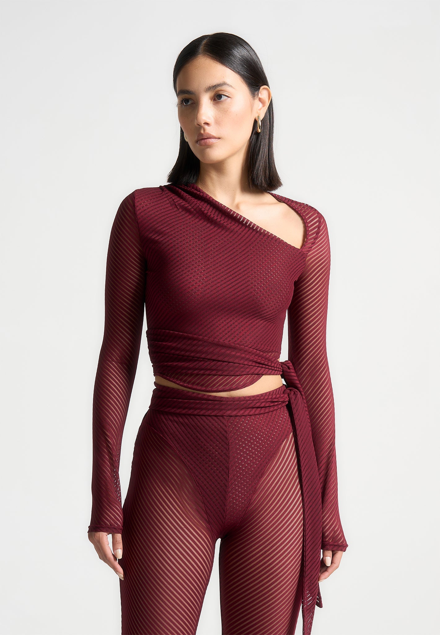 Ribbed Sheer Cropped Top with Tie & Asymmetric Neckline | Wine Red