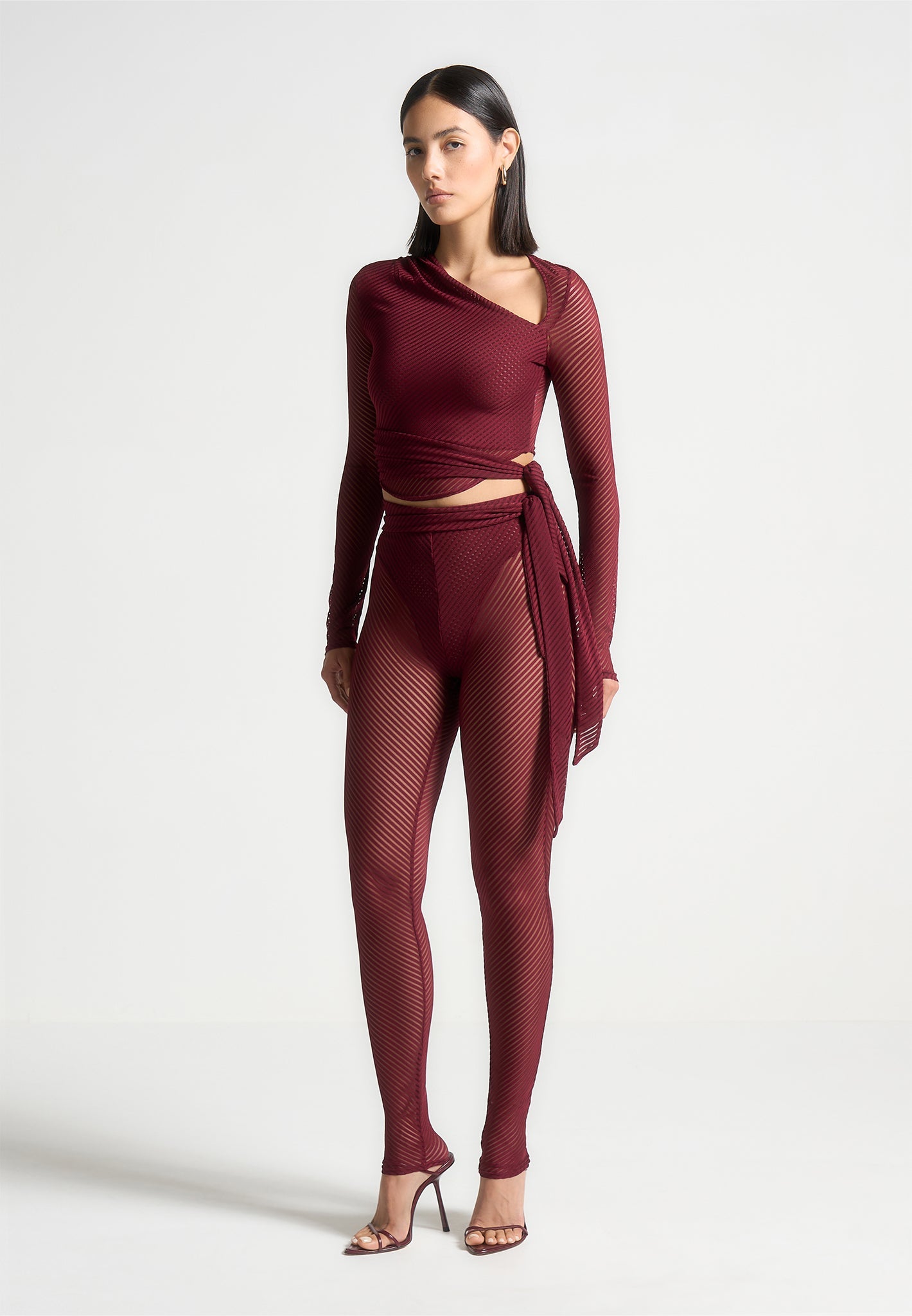 Ribbed Sheer Cropped Top with Tie & Asymmetric Neckline | Wine Red