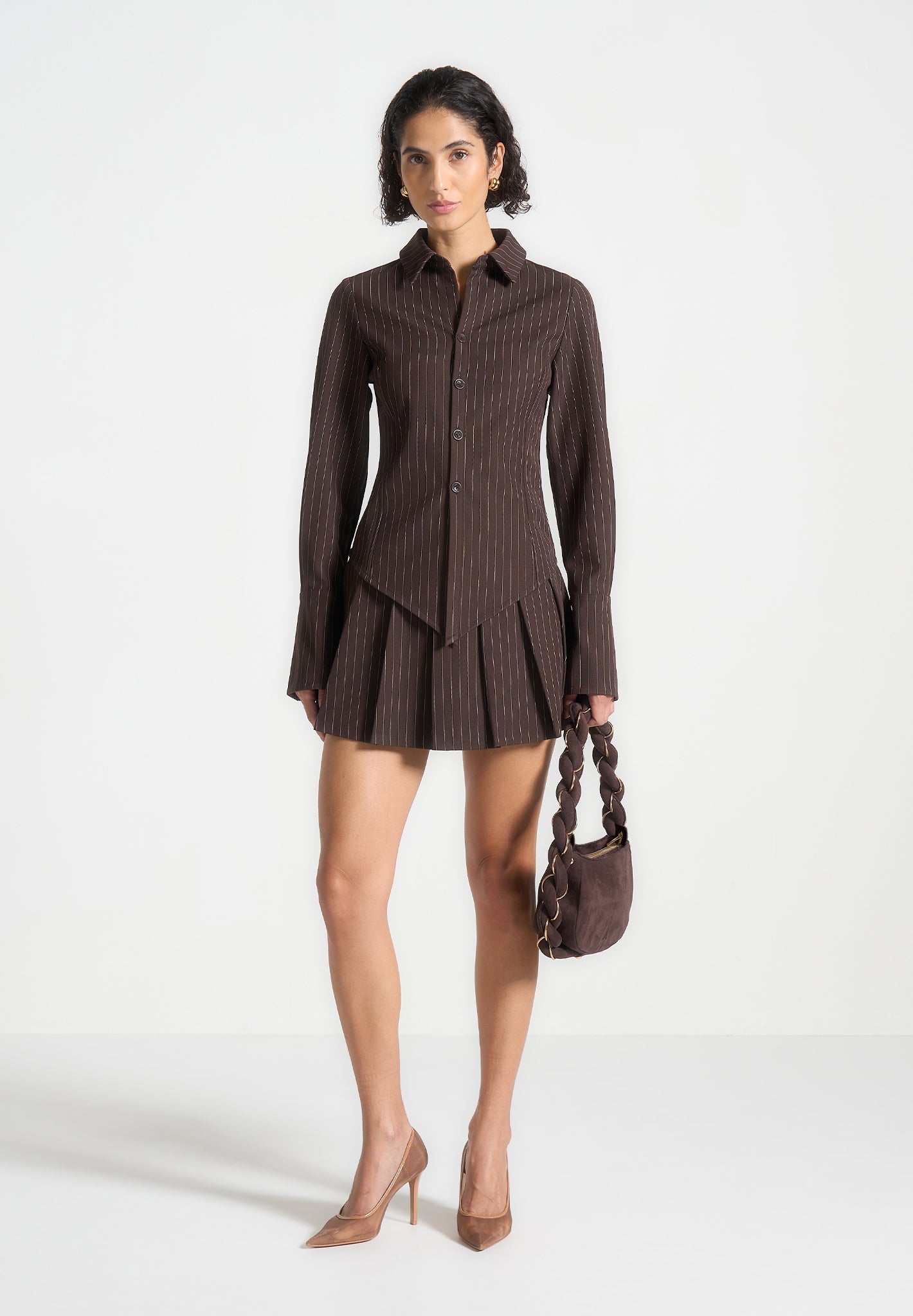 Pinstripe Pleated Skort with Side Zip & Internal Shorts | Rina Brown