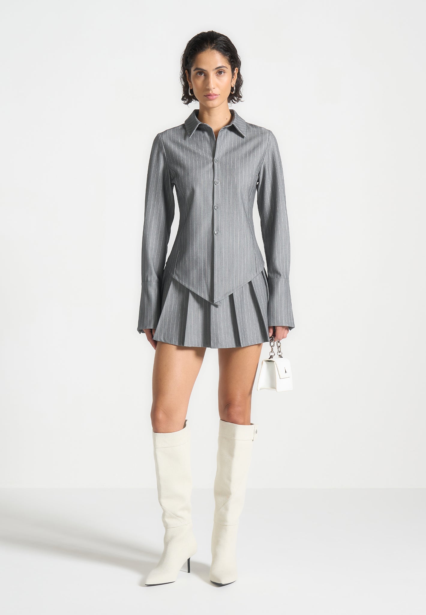 Pleated Pinstripe Skort with Zip Fastening | Rina Grey