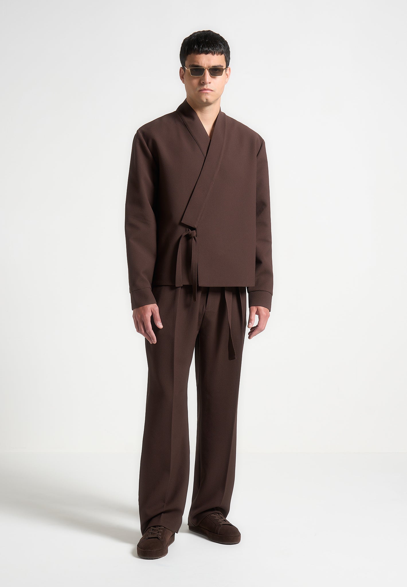 Textured Kimono Wrap Jacket with V-Neck & Self-Tie Waist | Robin