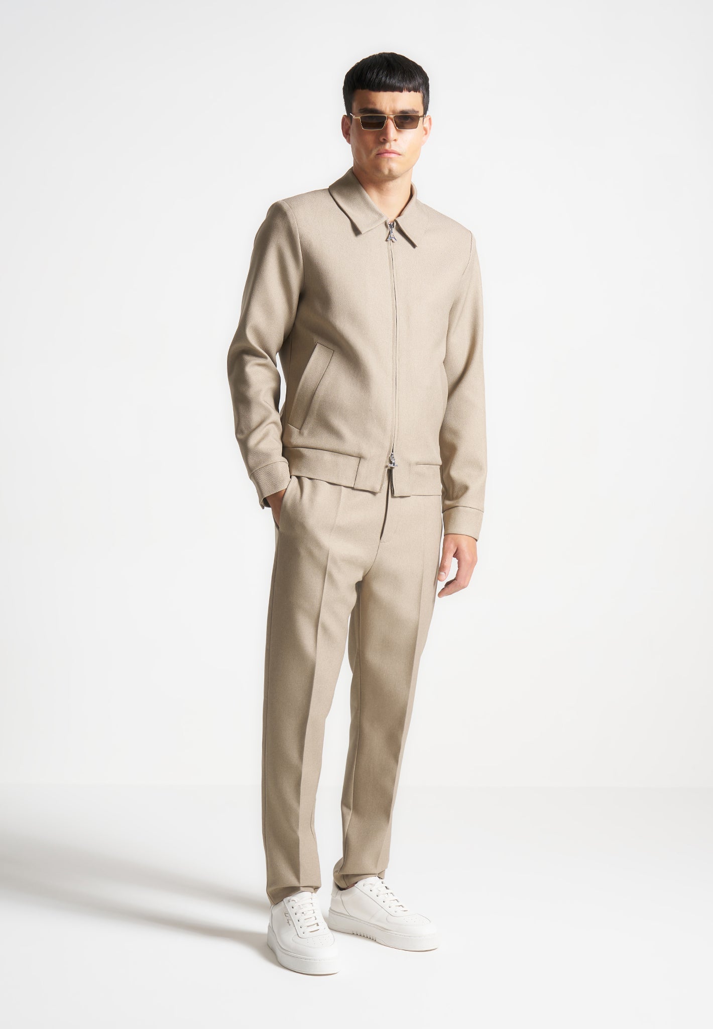 Tailored Harrington Jacket in Beige with Elastic Hem & Front Pockets | Manière De Voir