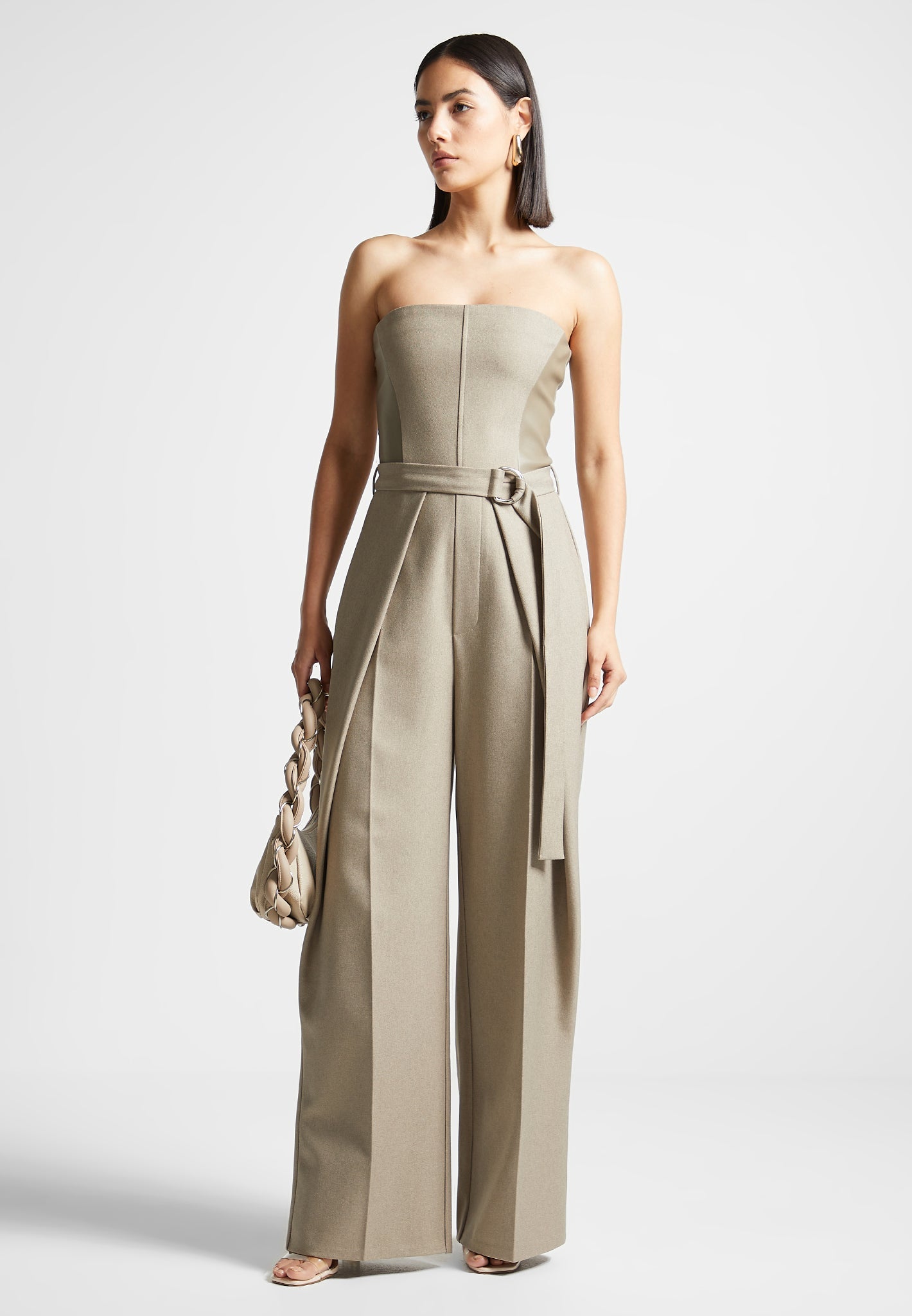Tailored Pleat Jumpsuit with Belt for Women | Sabine Beige