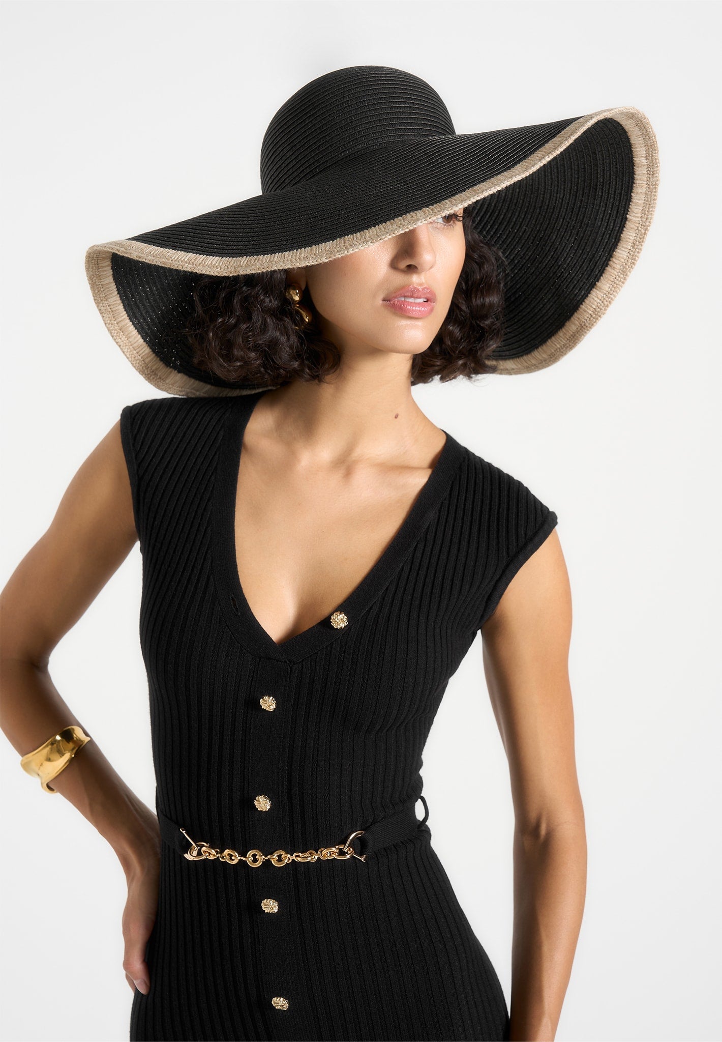 Wide Brim Raffia Sun Hat for Women | Sandrine Black/Natural