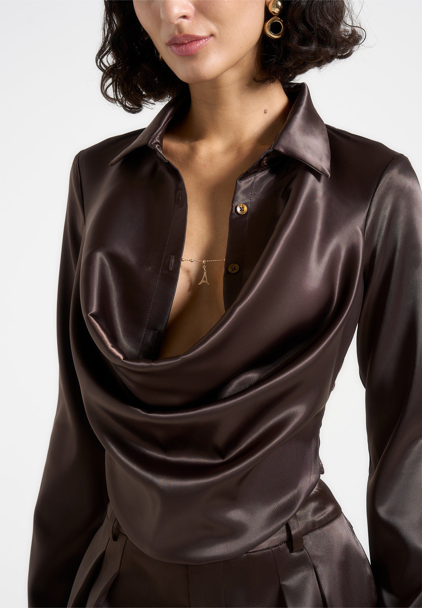 Brown Satin Cowl Neck Shirt with Gold Chain Detail | Satia