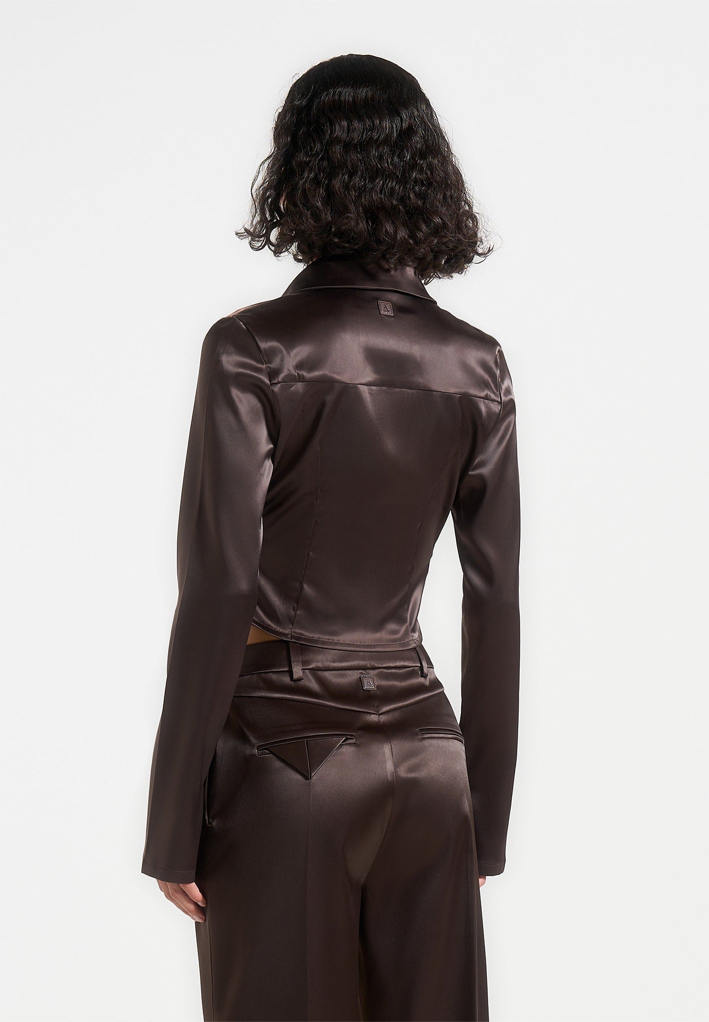 Brown Satin Cowl Neck Shirt with Gold Chain Detail | Satia