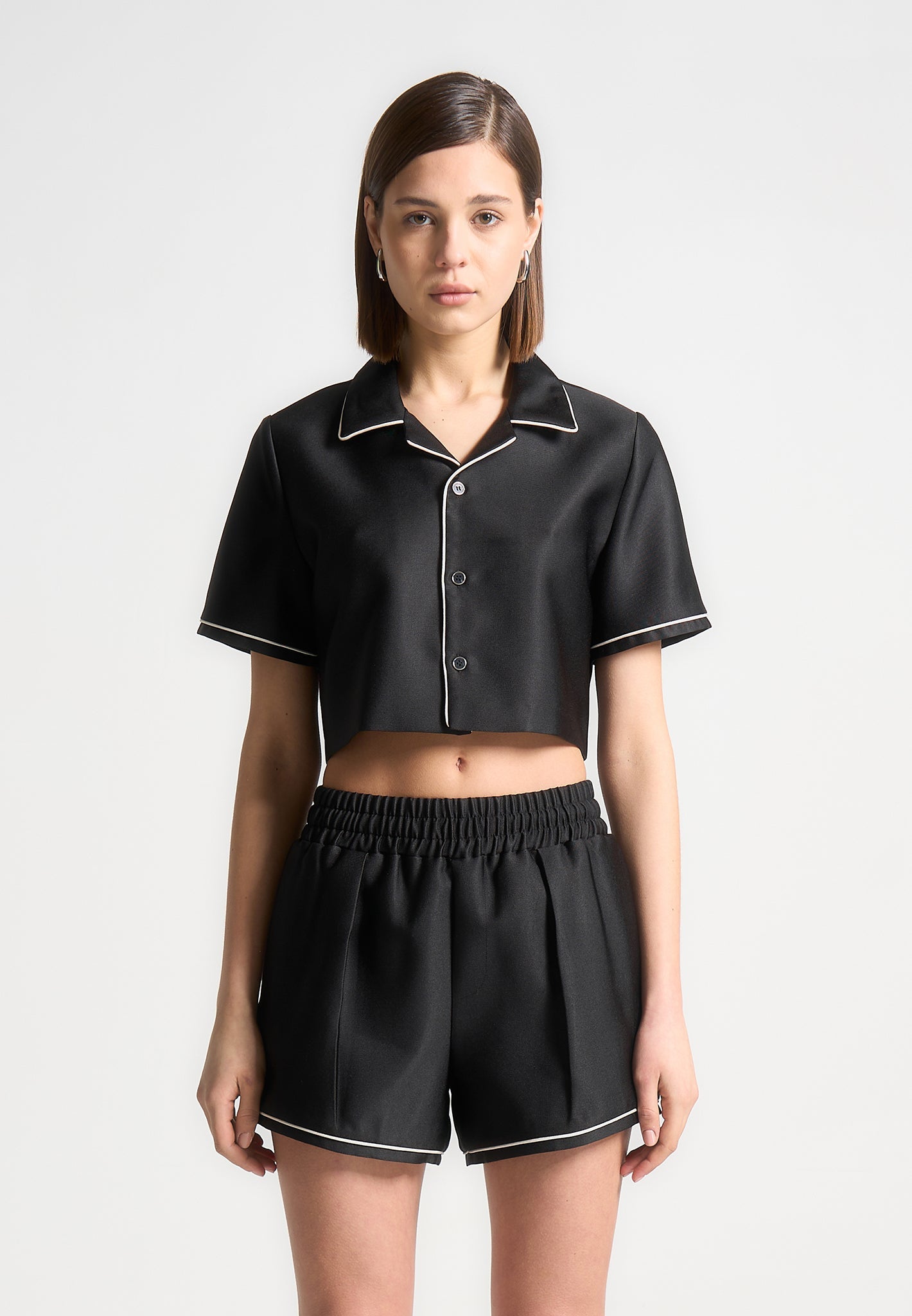 Satin Cropped Shirt with Piping & Relaxed Fit | Manière De Voir