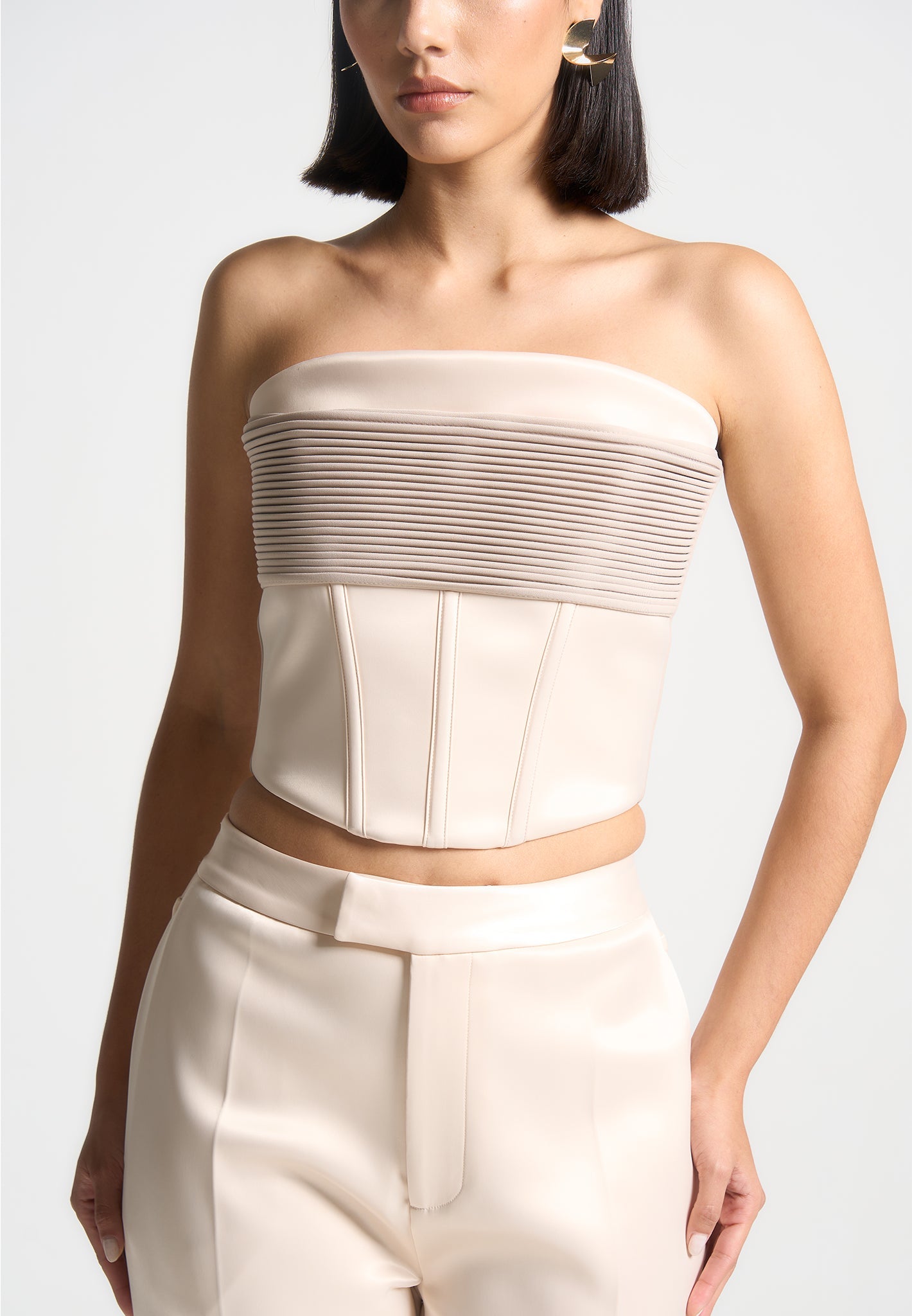 Satin Corset Top with Boning & Back Zip | Champagne Bandeau