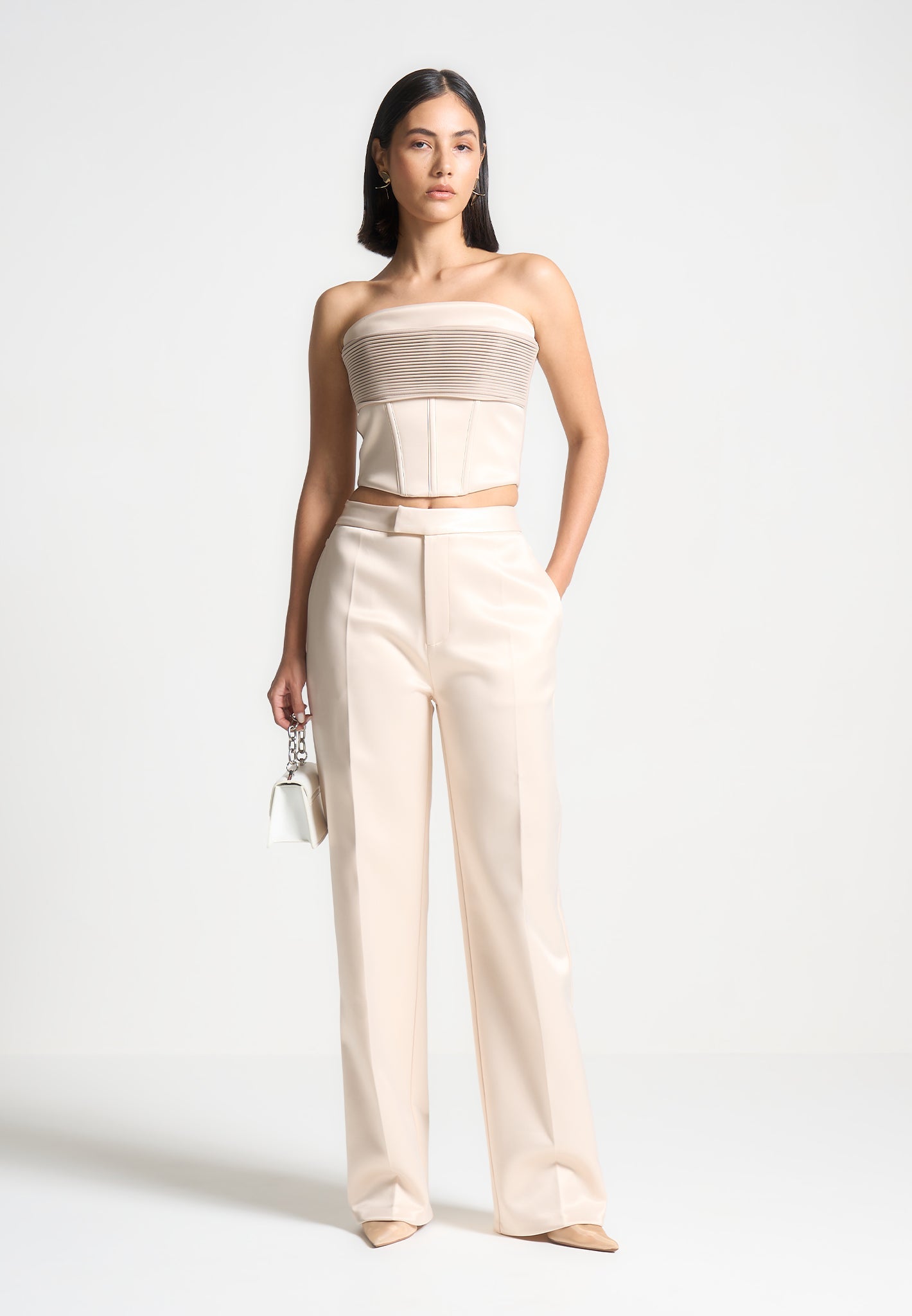 Satin Corset Top with Boning & Back Zip | Champagne Bandeau