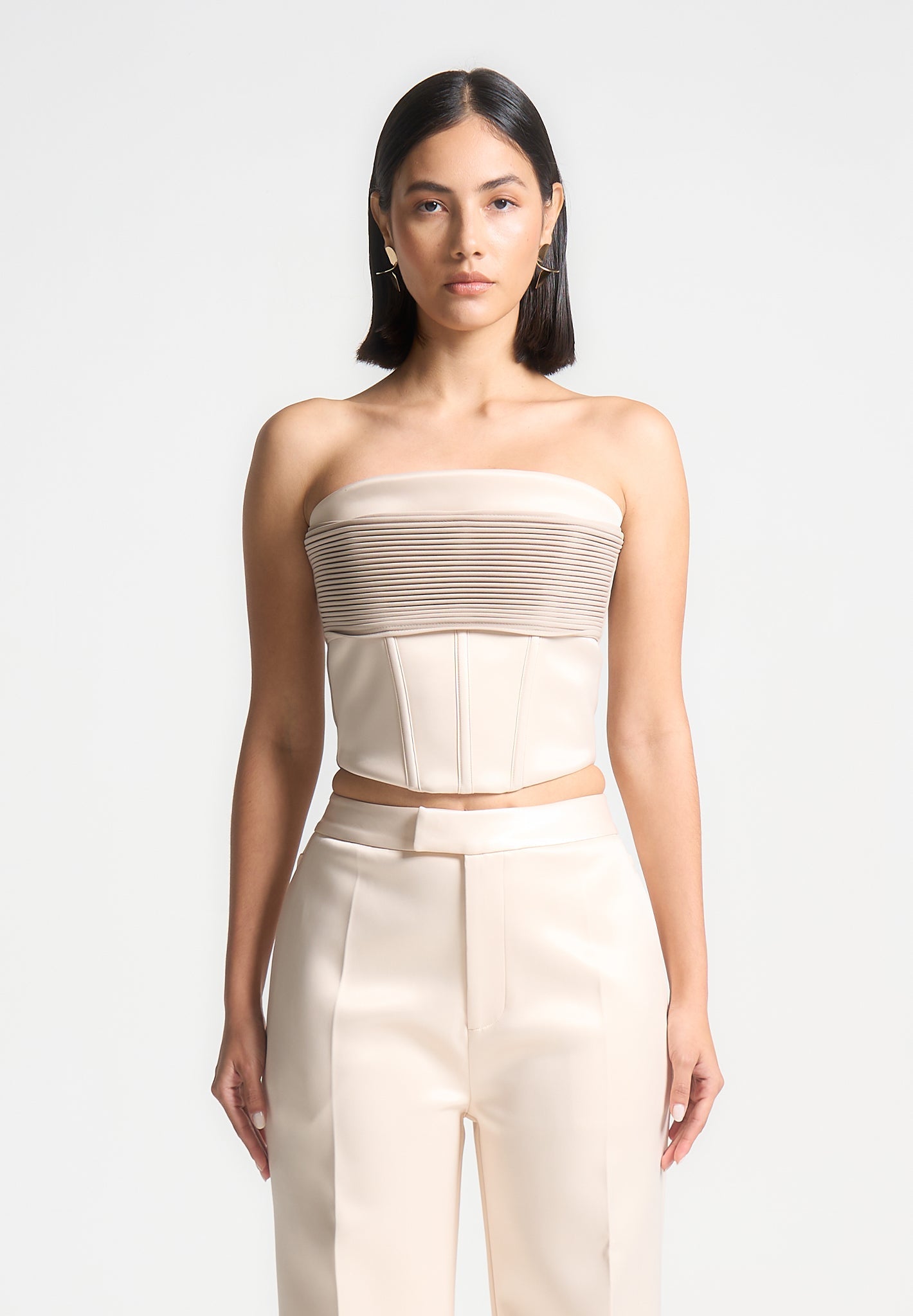 Satin Corset Top with Boning & Back Zip | Champagne Bandeau