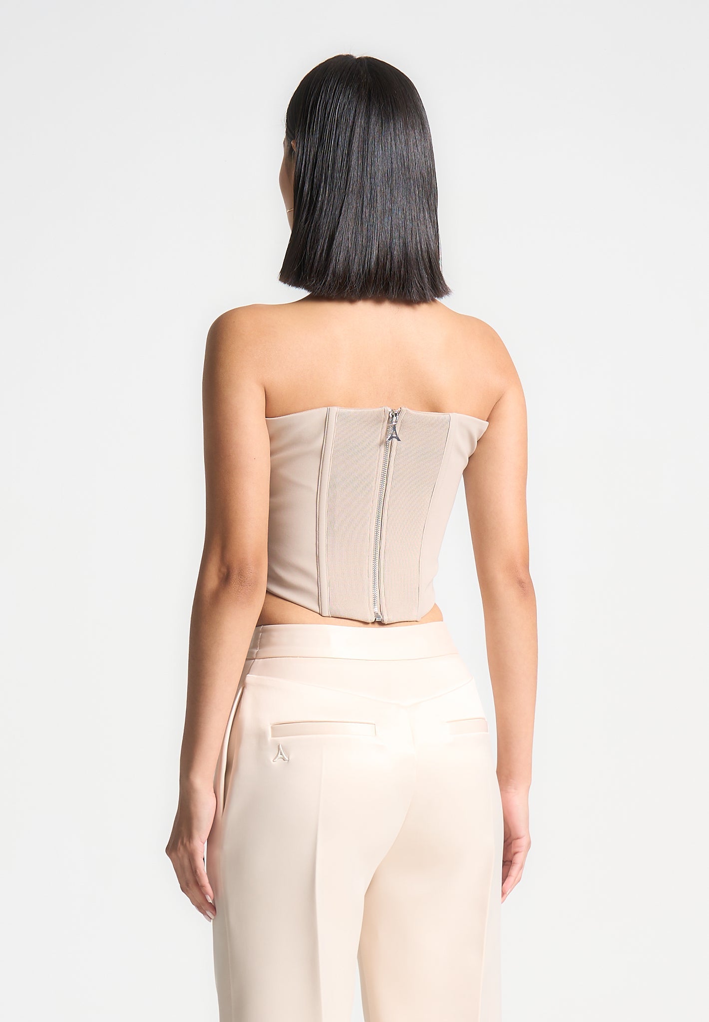 Satin Corset Top with Boning & Back Zip | Champagne Bandeau