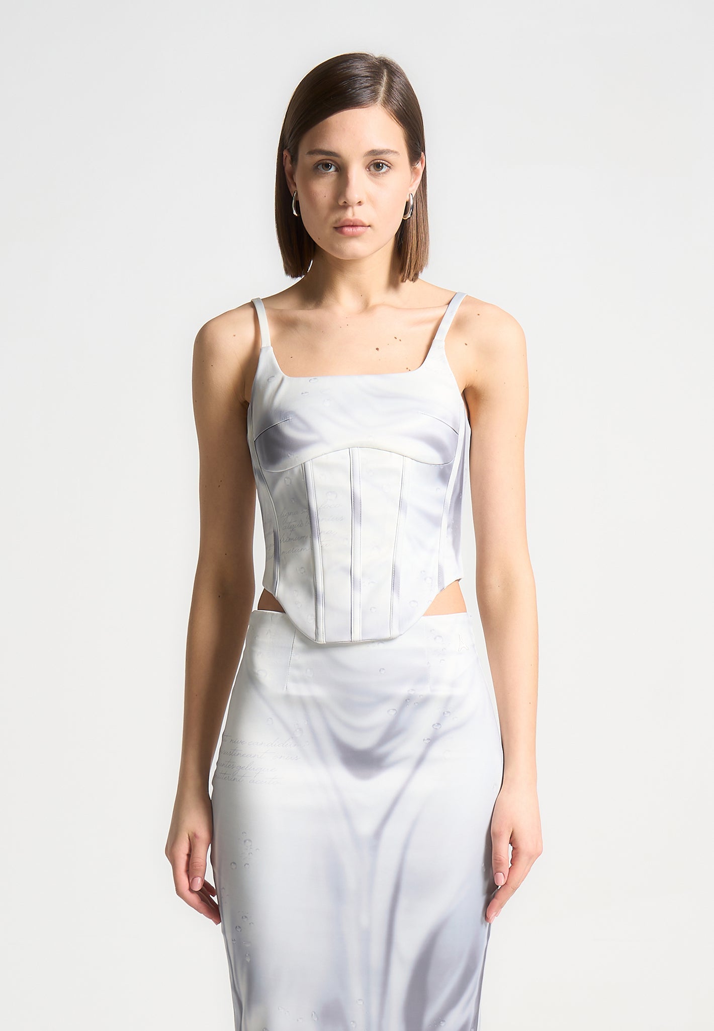 Satin Corset Top with Renaissance Print & Adjustable Straps | Off White