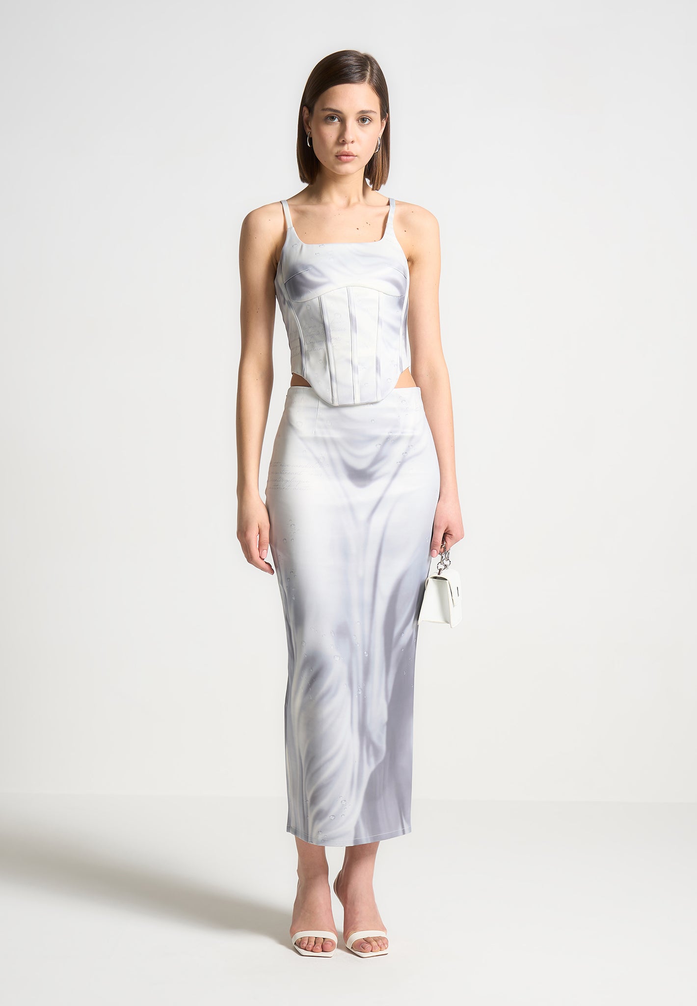 Satin Corset Top with Renaissance Print & Adjustable Straps | Off White