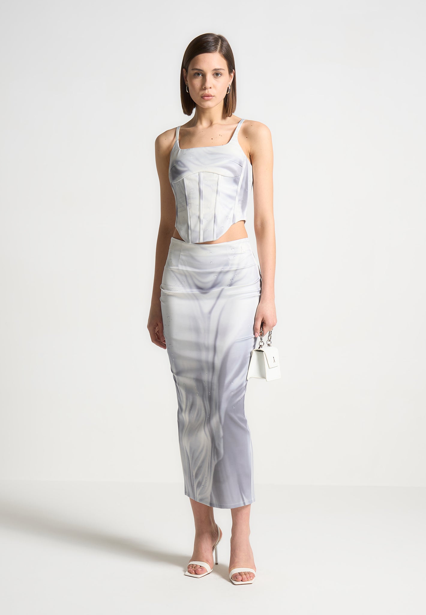 Satin Midaxi Skirt with Renaissance Print & Elastic Waist | Off White