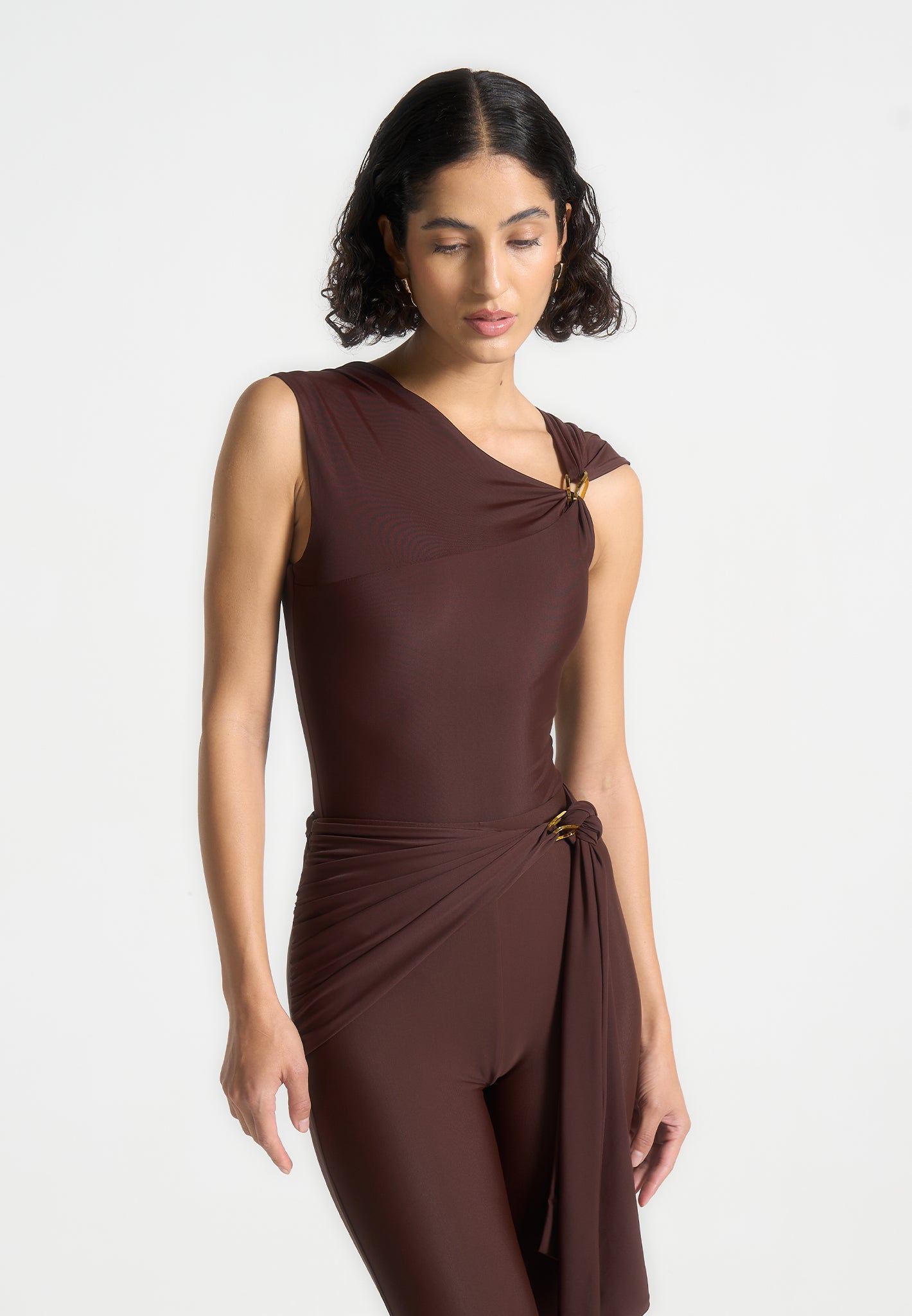 Brown Bodysuit with Gold Hardware & Asymmetric Design | Manière De Voir