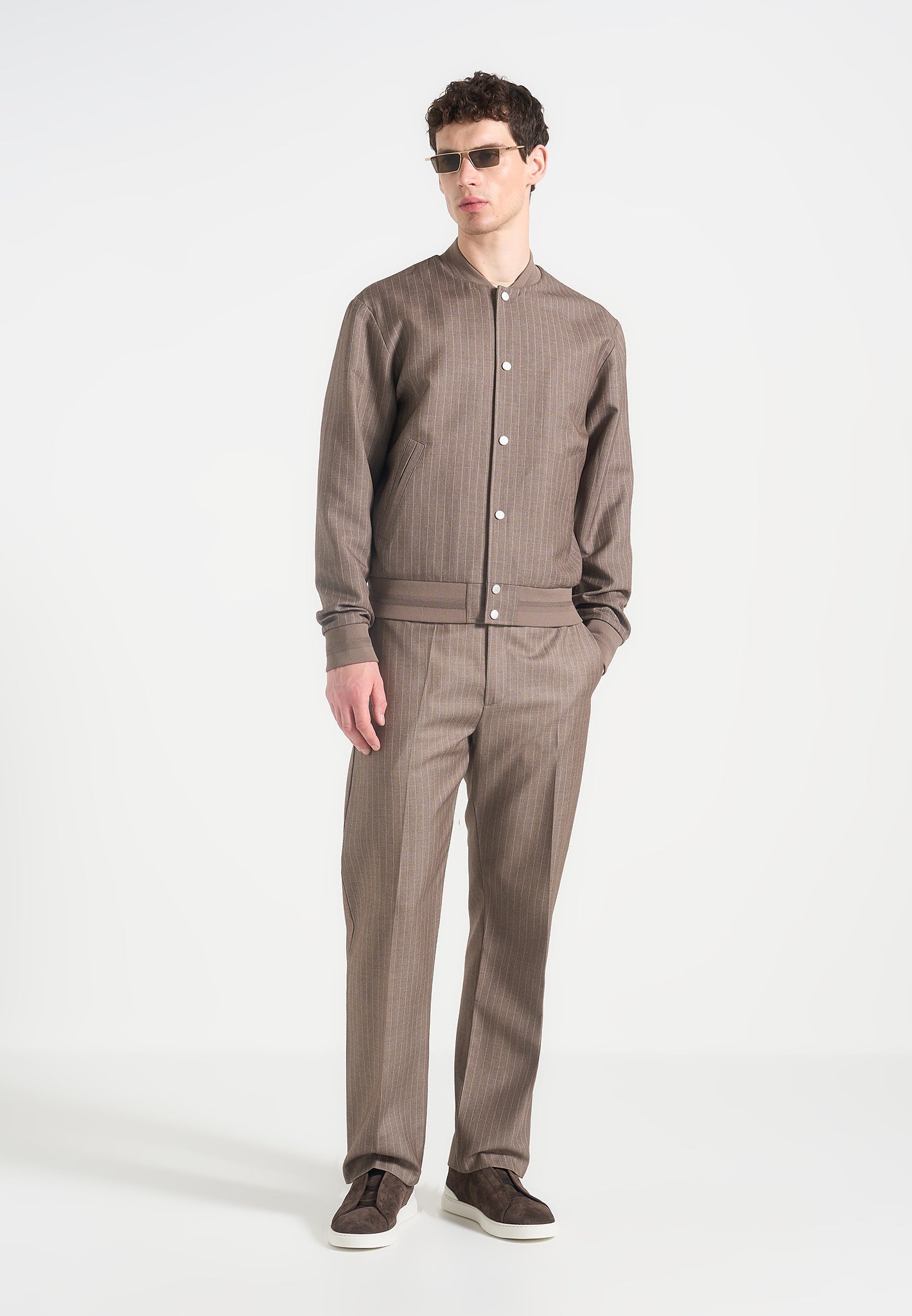 Pinstripe Bomber Jacket with Button Fastening & Ribbed Trims | Savin