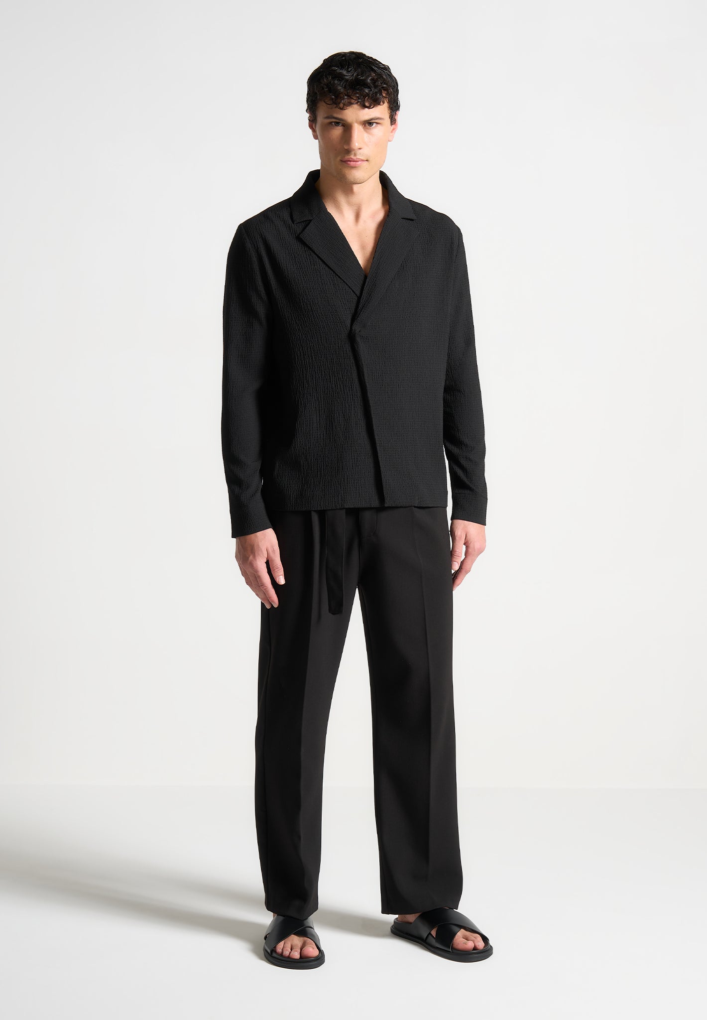 Seersucker Double Breasted Shirt - Black | Long Sleeve & Relaxed Fit