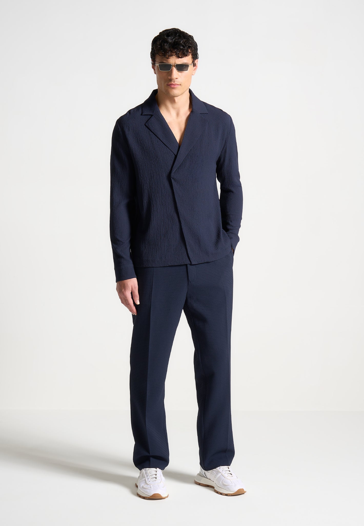 Seersucker Double Breasted Shirt with Relaxed Collar | Navy Long Sleeve
