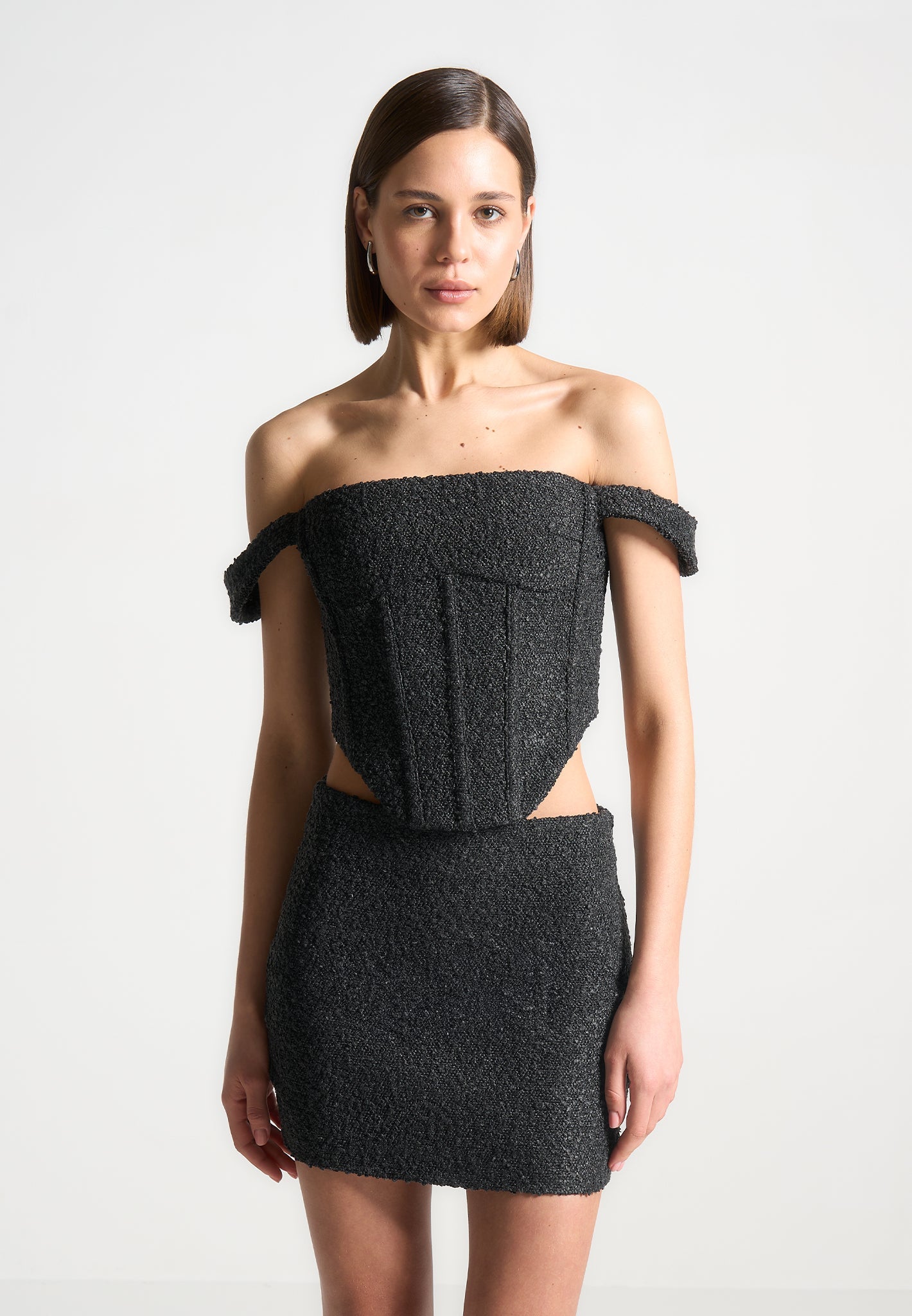 Boucle Bardot Corset Top with Boning & Dipped Hem | Bonnie