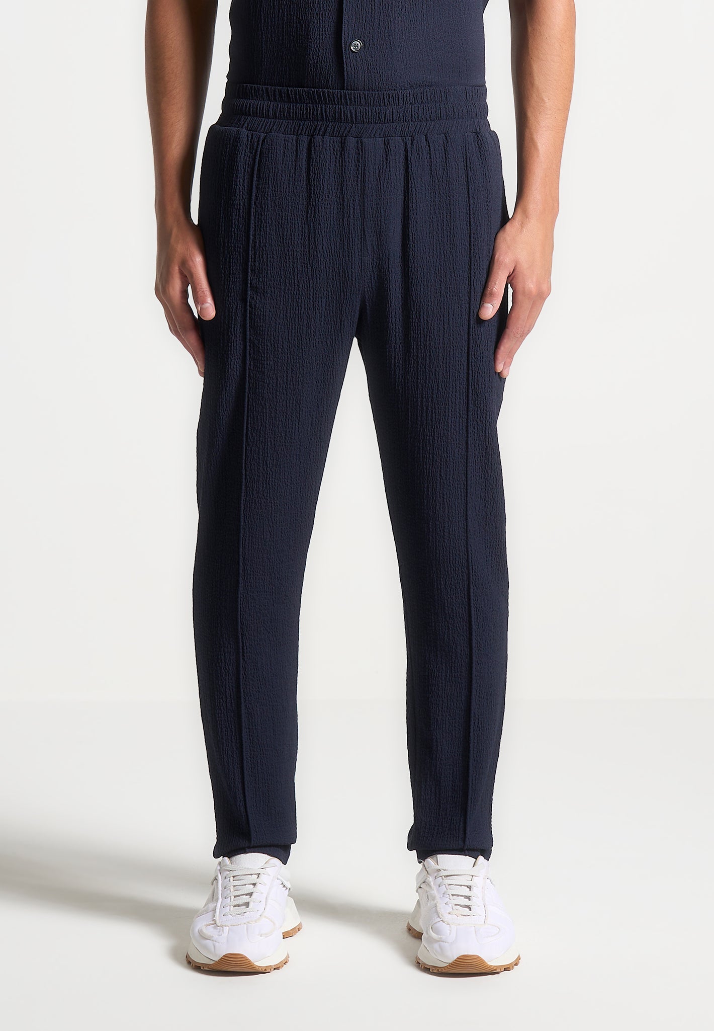 Seersucker Tapered Trousers with Elastic Waistband | Navy
