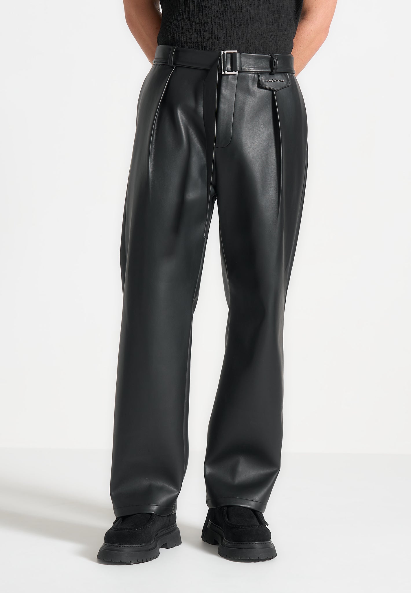 Vegan Leather Pleated Trousers - Relaxed Fit & Belted Waist | Serge