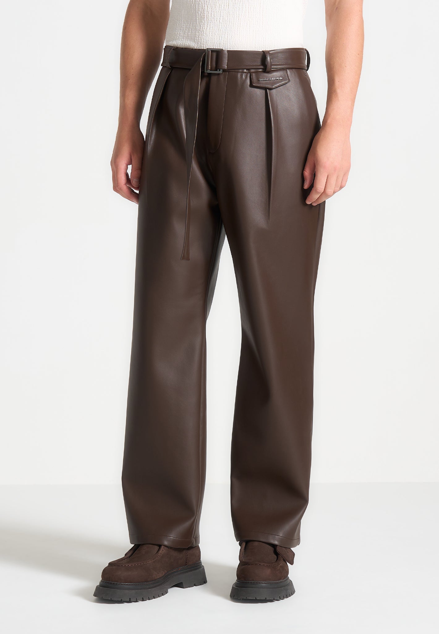 Relaxed Fit Vegan Leather Trousers with Pleats & Belted Waist | Serge