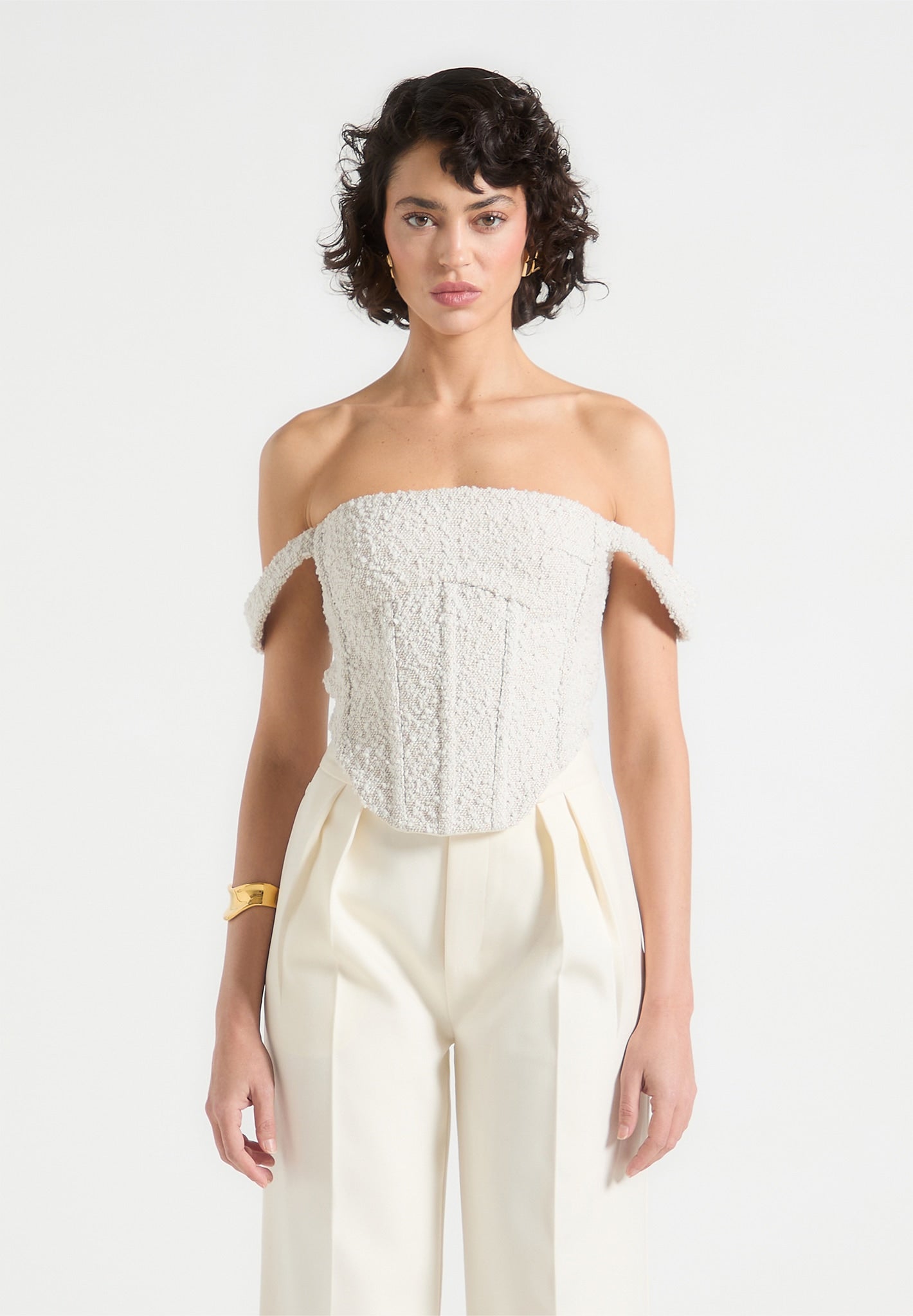 Boucle Corset Top with Bardot Neckline & Boning | Bonnie Off White