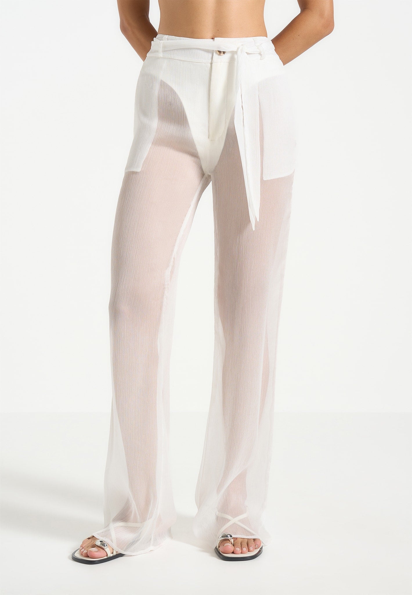 Sheer Belted Trousers with Detachable Belt & Pockets | White