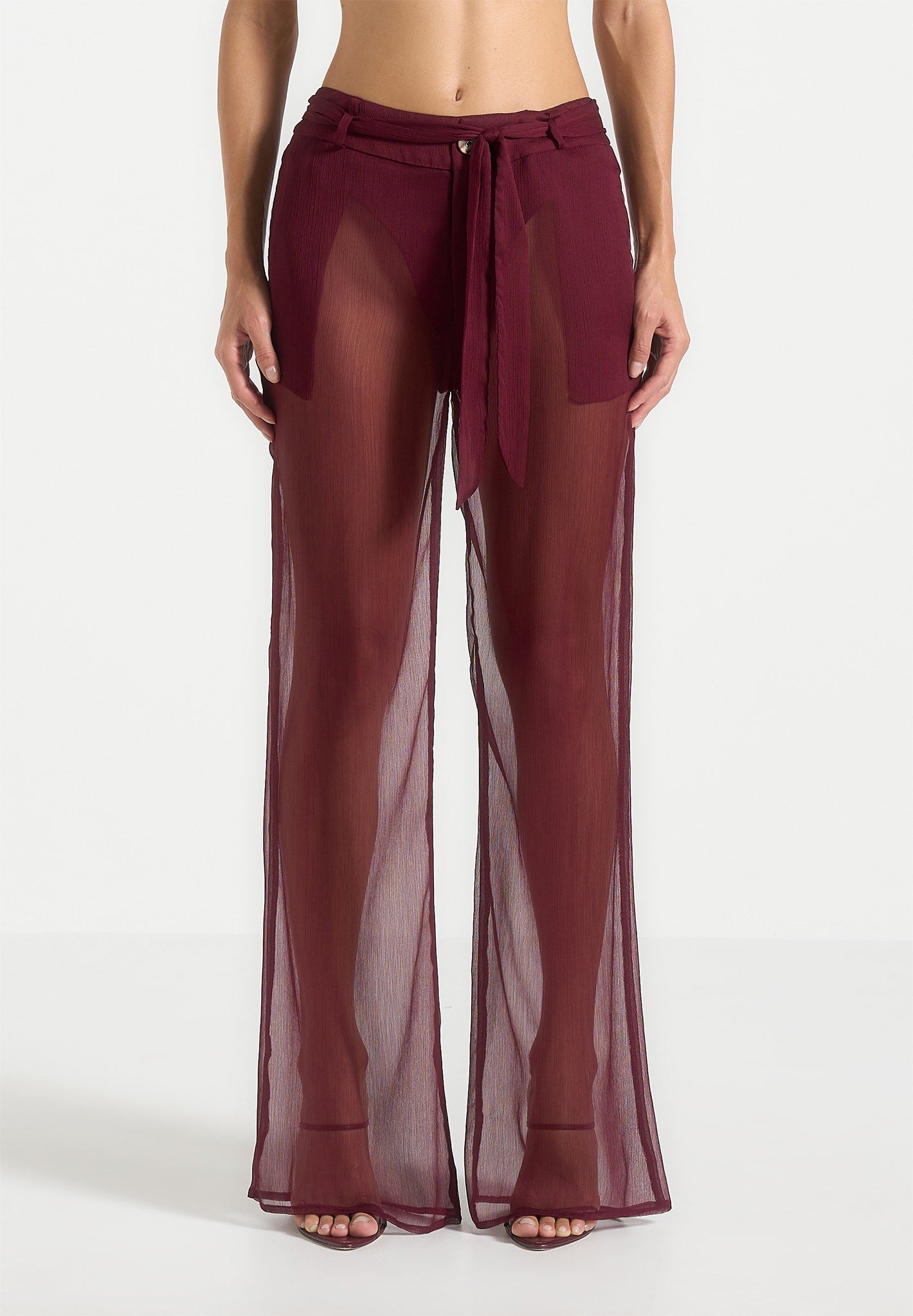 Sheer Belted Trousers with Detachable Belt & Pockets | Wine Red