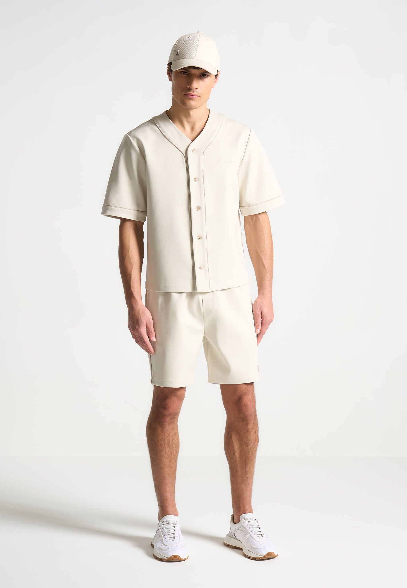 Boxy Baseball Shirt with V-Neck & Contrast Embroidery | Manière De Voir