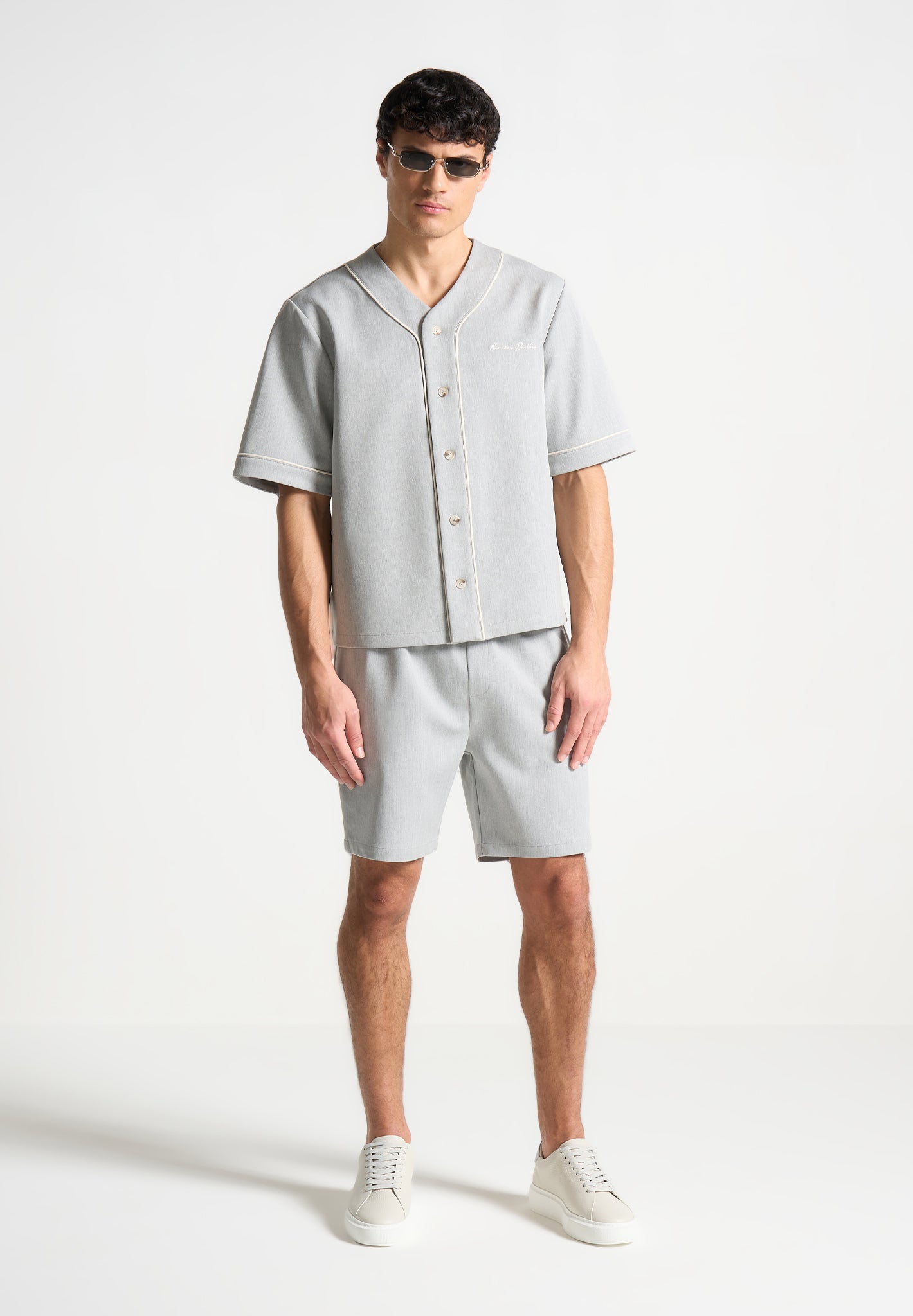 Boxy Baseball Shirt with V-Neck & Contrast Lining | Signature Grey