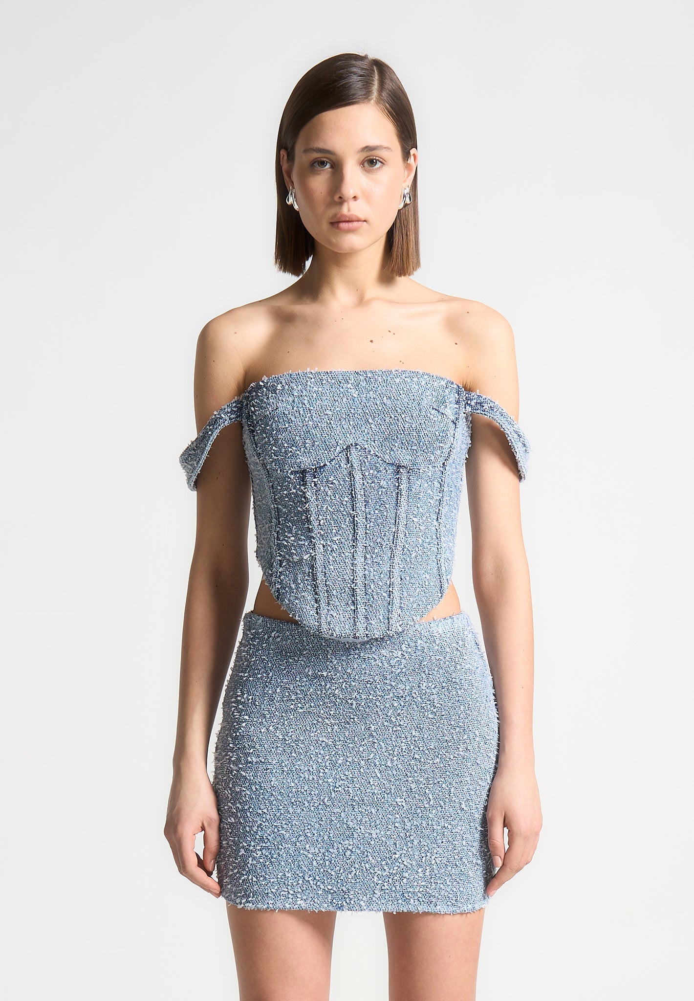 Boucle Denim Corset Top with Bardot Neckline | Bonnie Mid Blue