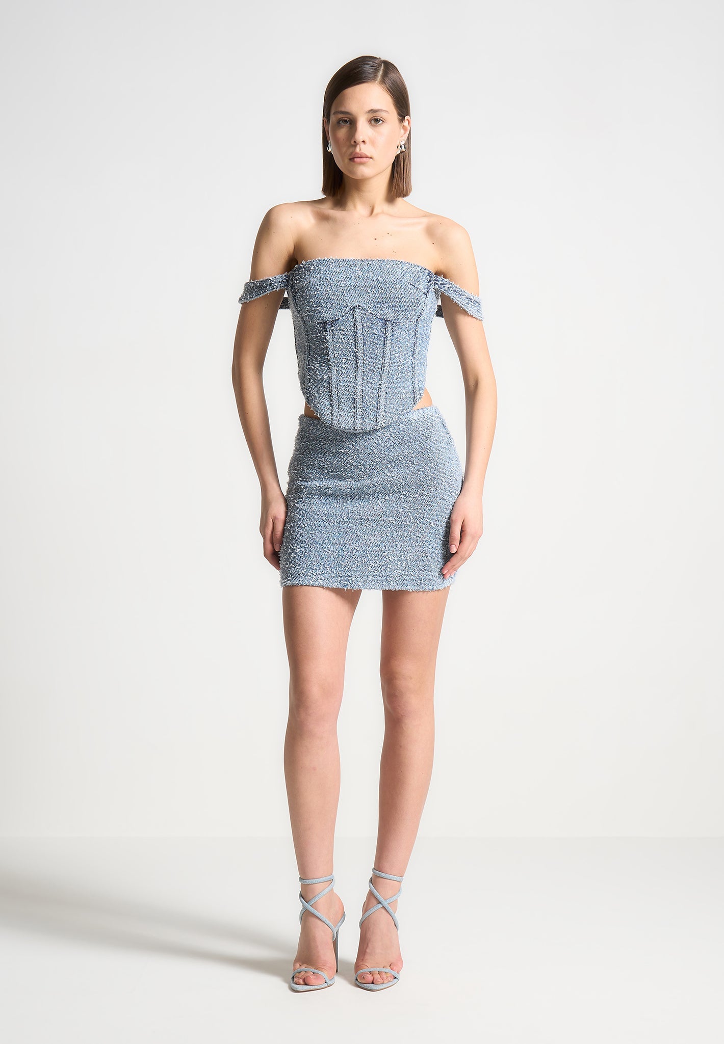 Boucle Denim Corset Top with Bardot Neckline | Bonnie Mid Blue