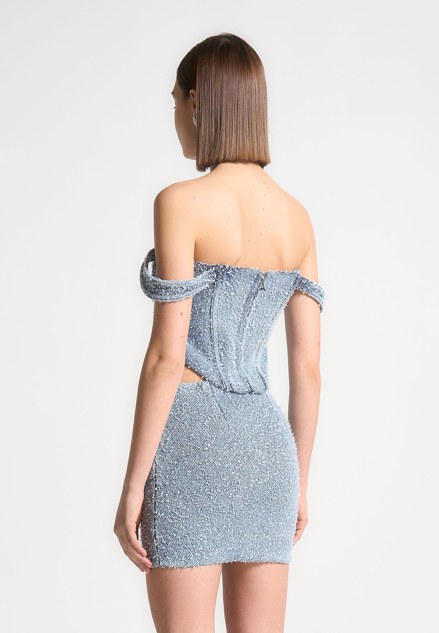 Boucle Denim Corset Top with Bardot Neckline | Bonnie Mid Blue