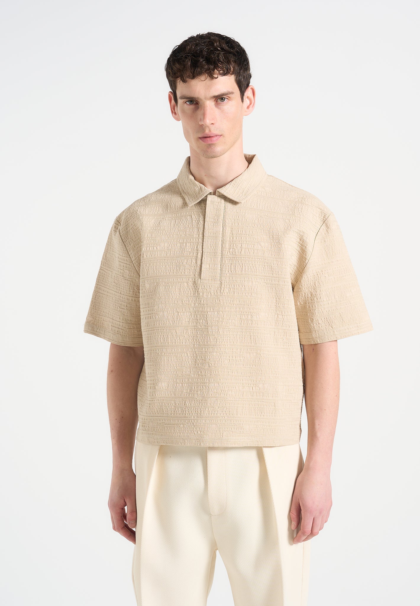 Boxy Textured Polo Shirt for Men - Linen Cotton Blend | Simon
