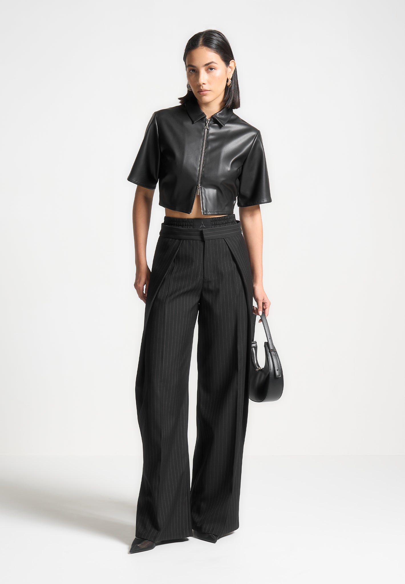 Satin Waistband Pinstripe Trousers - Wide Leg & Double Elastic | Sofia