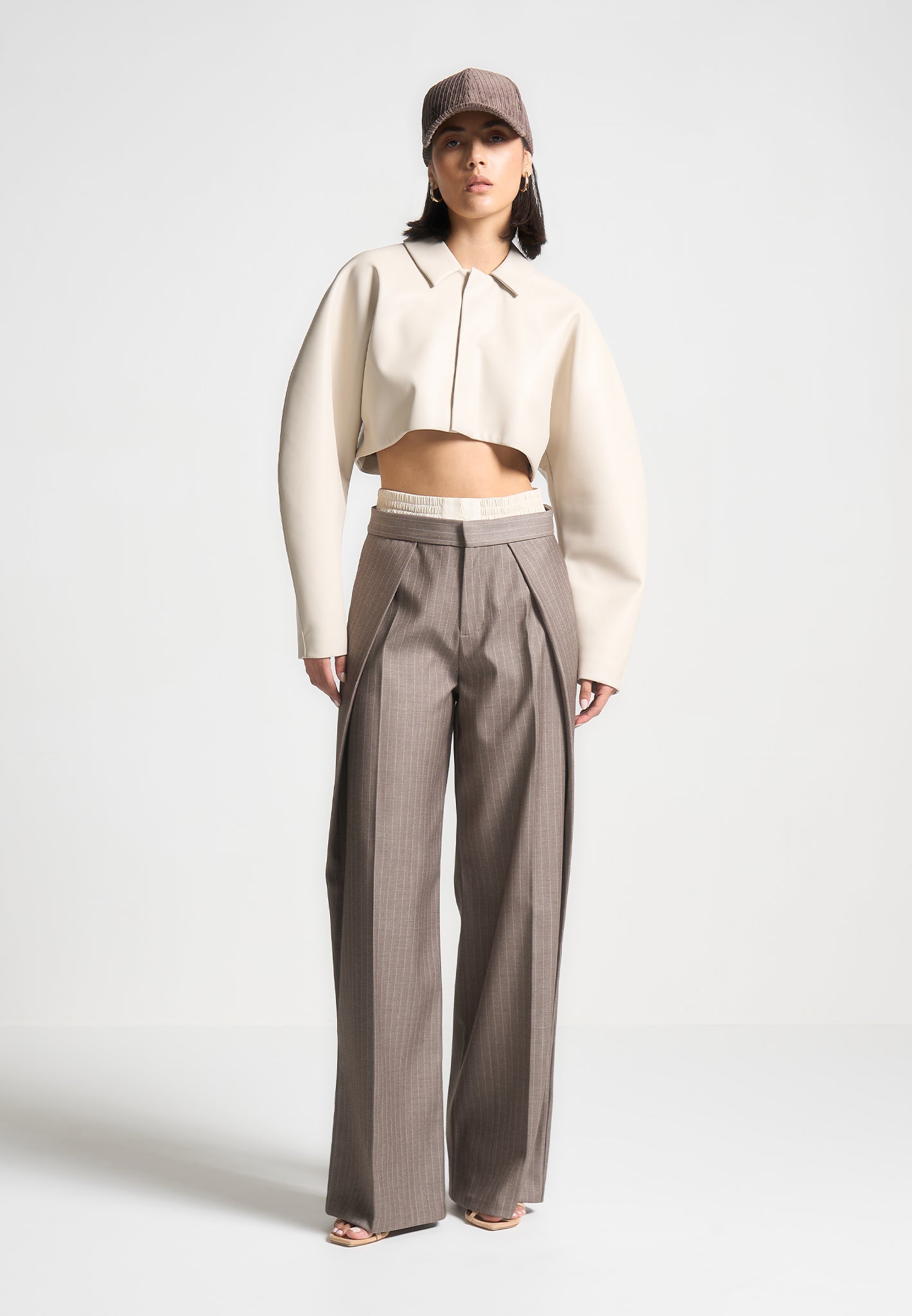 Pinstripe Trousers with Satin Waistband & Wide Leg | Sofia